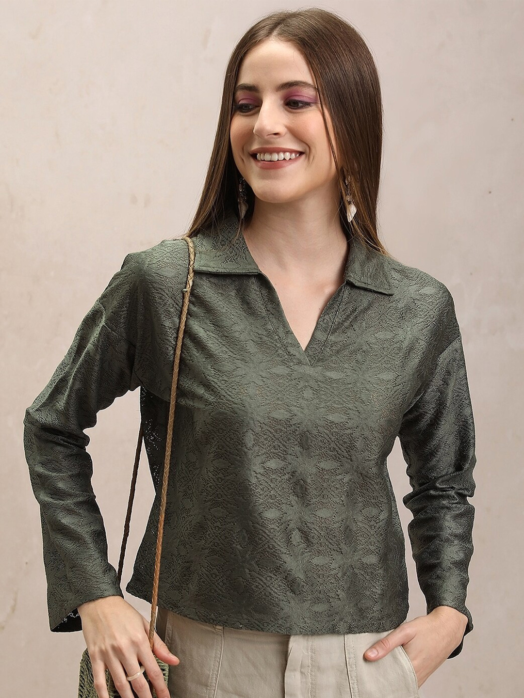 Tokyo Talkies Shirt Collar Long Drop Shoulder Flared Sleeves Shirt Style Crop Top