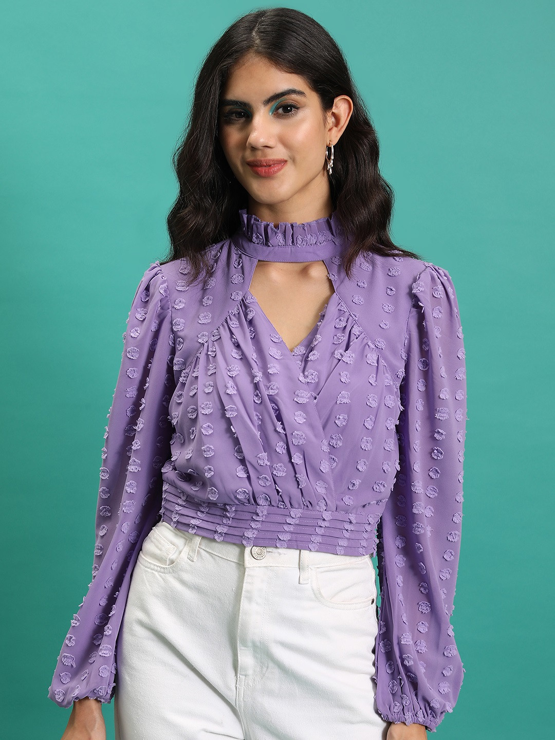 Tokyo Talkies Purple Self Design Mock Neck Puff Sleeves Pleated Blouson Crop Top
