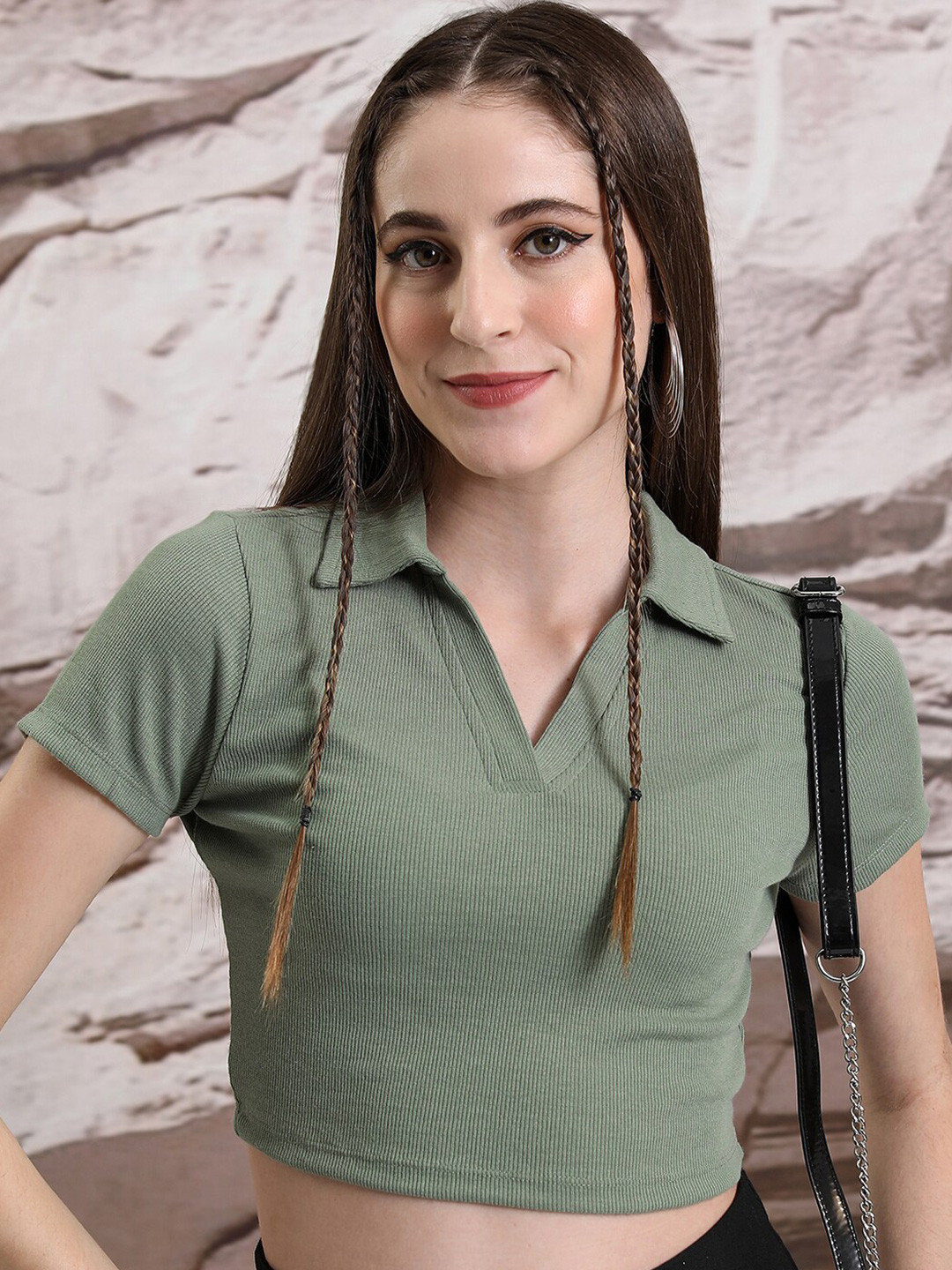 Tokyo Talkies Olive Shirt Collar Short Sleeves Regular Crop Top