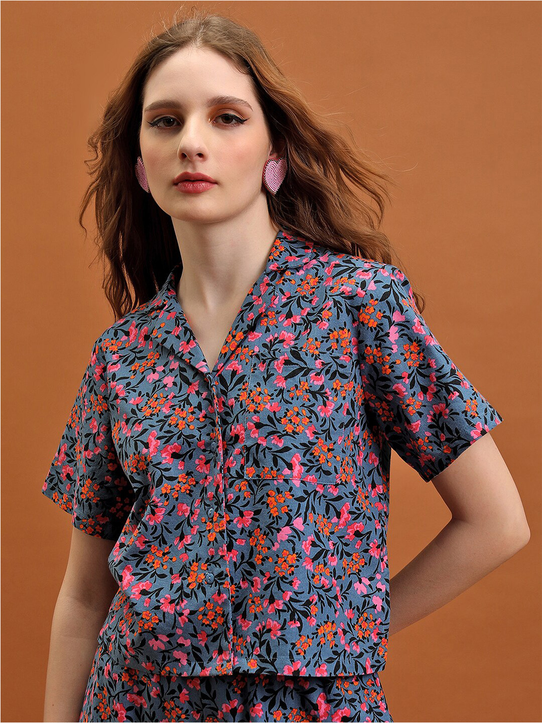 Tokyo Talkies Blue Floral Printed Lapel Collar Short Sleeves Cotton Crop Shirt Style Top