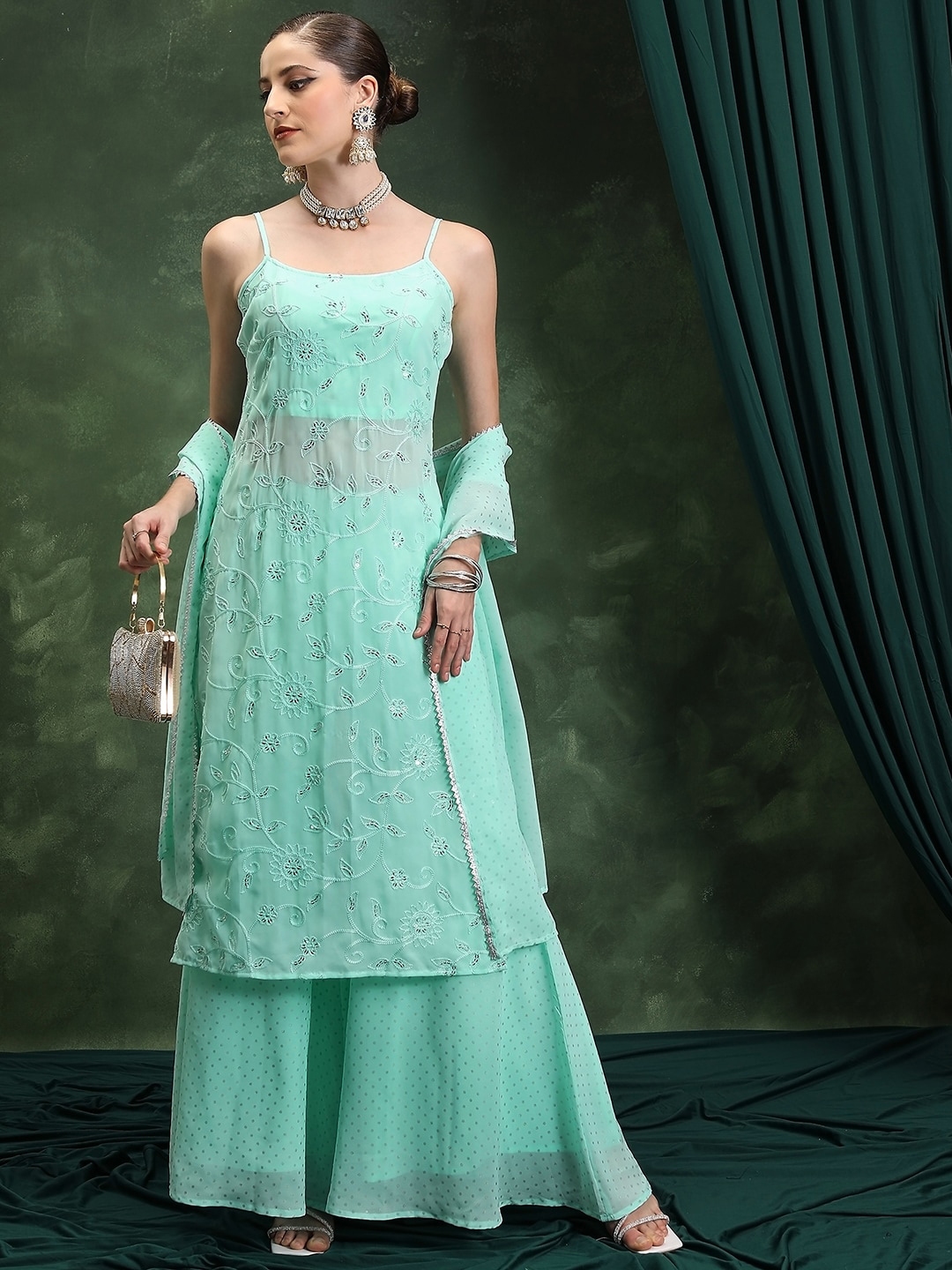 Vishudh Embroidered Regular Kurta With Sharara & Dupatta - Kurta Sets for Women 27145628 | Myntra