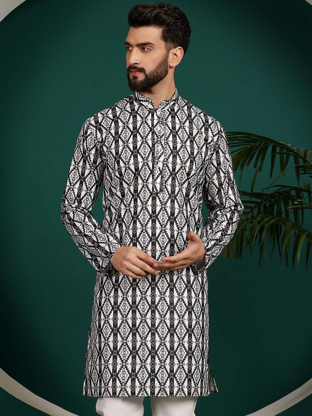 Armaan Ethnic Mandarin Collar Geometric Long Sleeves Cotton Kurta