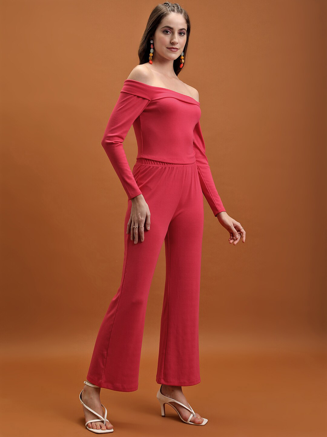 Tokyo Talkies Women Knitted Off Shoulder Top With Flared Trouser Co-Ords