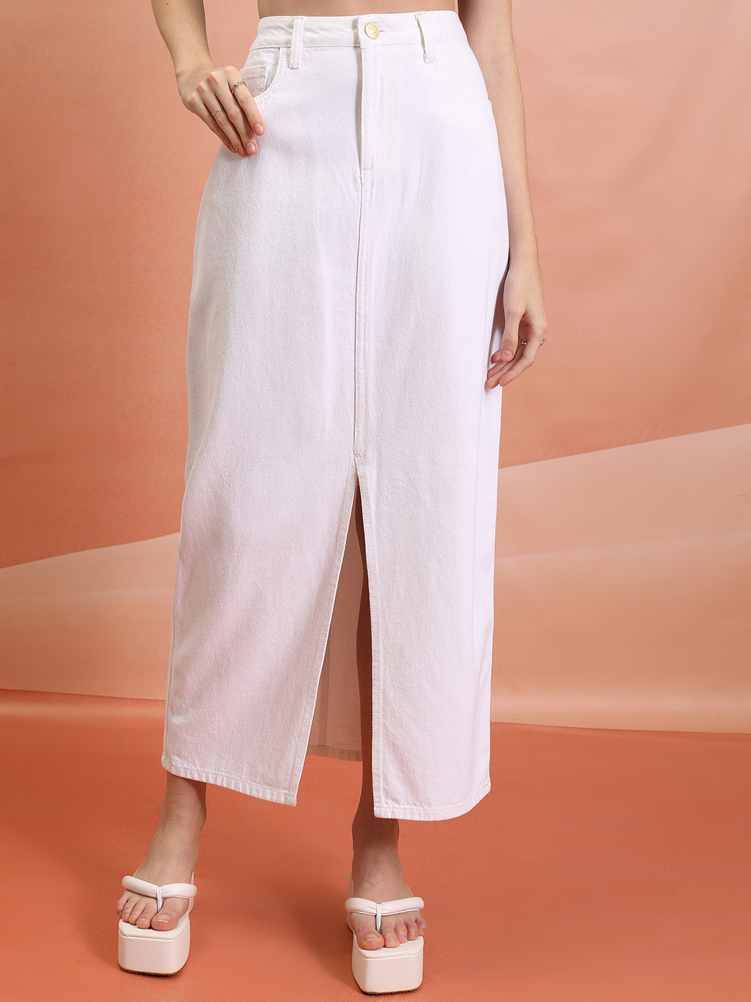 Tokyo Talkies White Pure Cotton Front Slit A-Line Midi Skirt