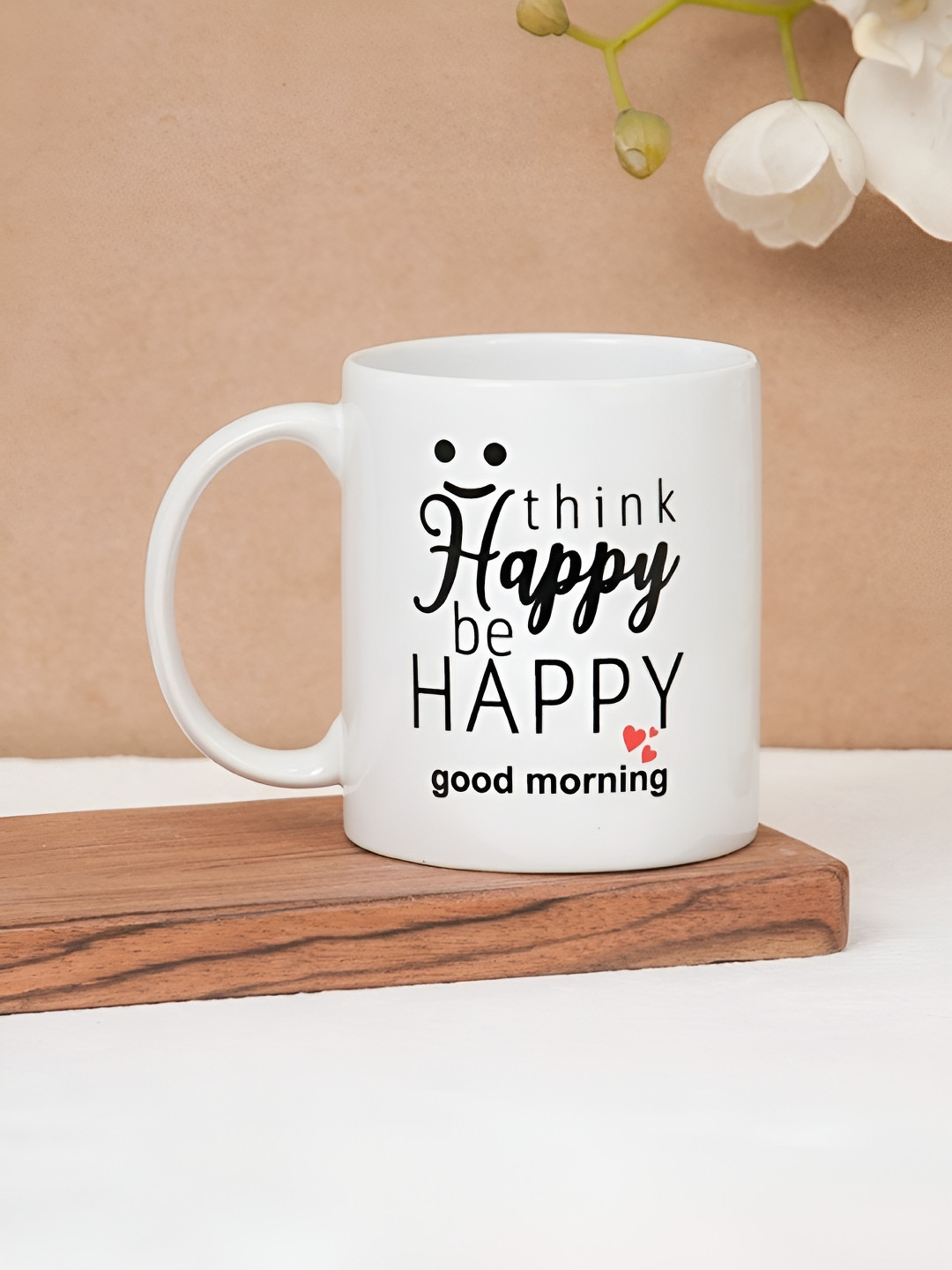 CLAY CRAFT 1 Piece White Think Happy Quote Print Fine Ceramic Coffee & Milk Mug, 380 ml