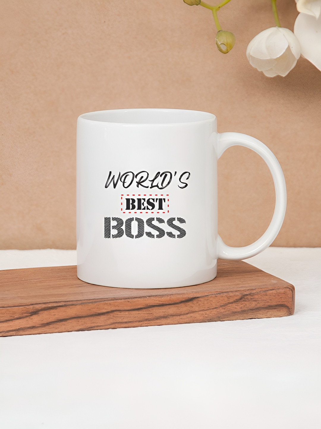 CLAY CRAFT White  1 Piece Best Boss Quote Print Fine Ceramic Office Coffee Mug, 380 ml