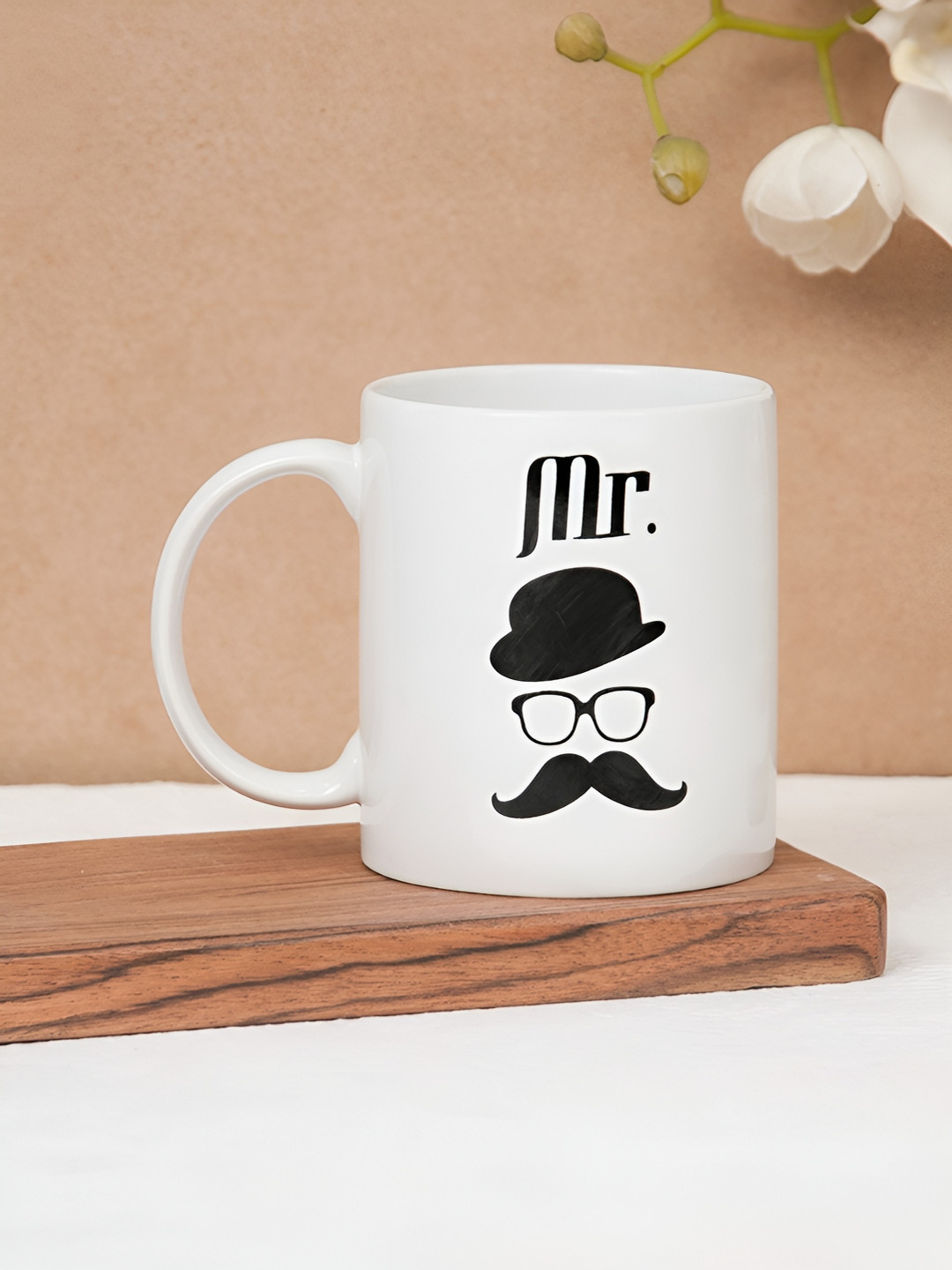 CLAY CRAFT White 1 Piece Mr Print Fine Ceramic Coffee & Milk Mug for Him, 380 ml