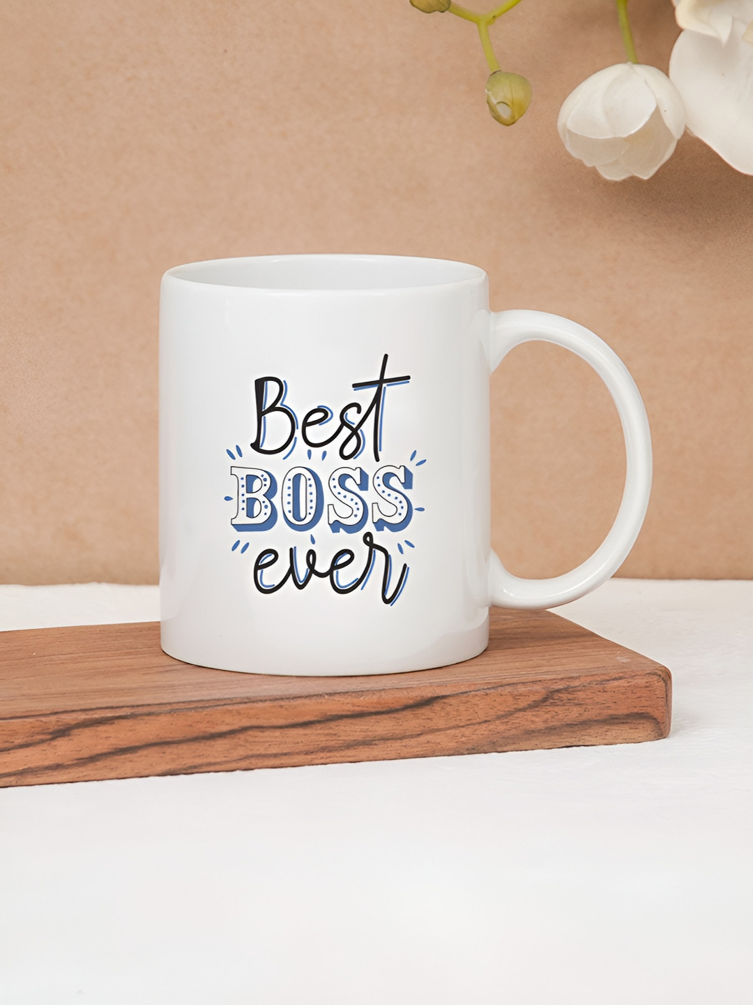 CLAY CRAFT Best Boss Ever White Typography Printed Ceramic Mug-350ml