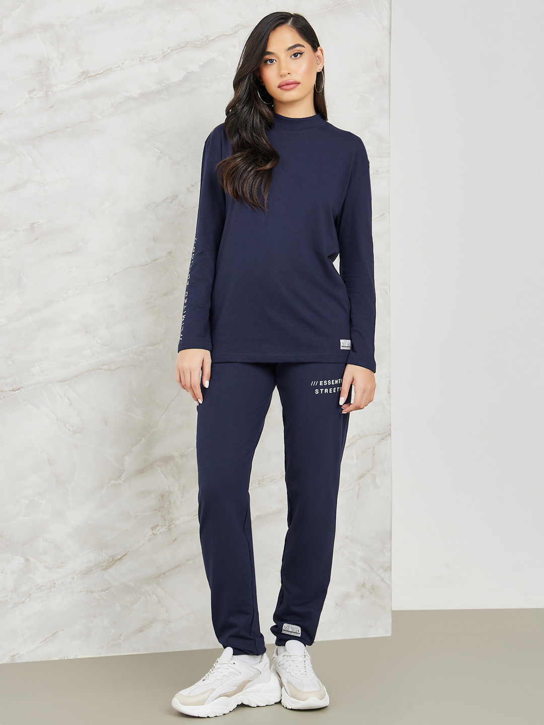 Styli High Neck Cotton T-shirt & Trousers Sports Co-Ords