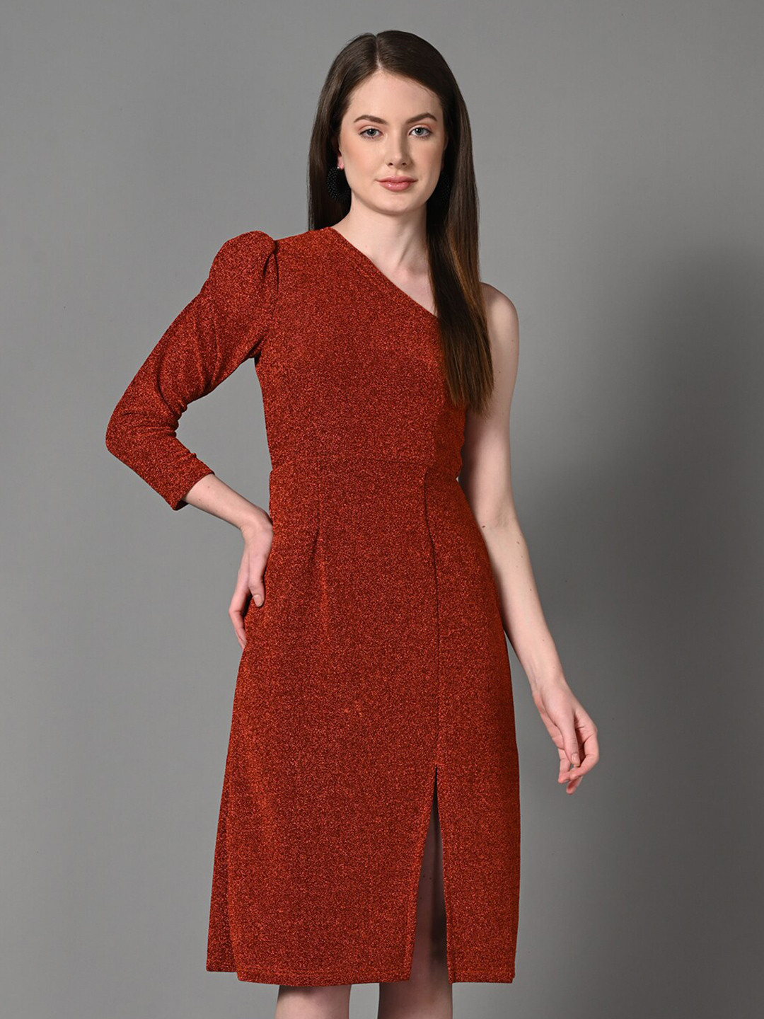 Justin Whyte Dericia Puff Sleeve One Shoulder Sheath Dress