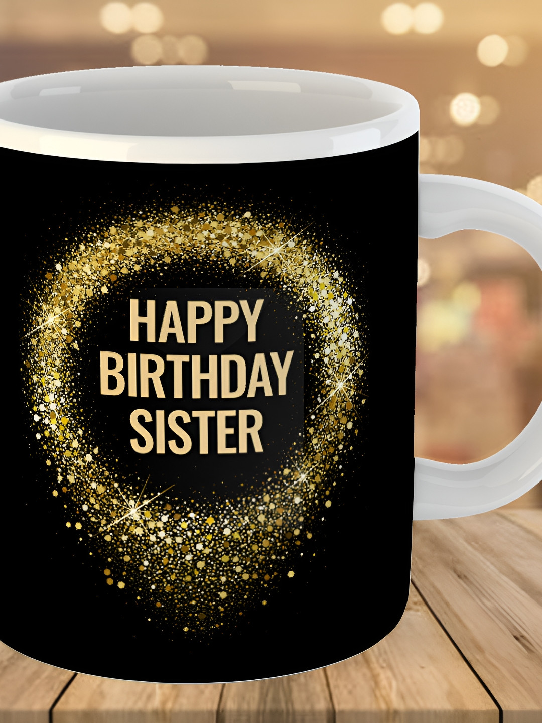 Keviv Black & Yellow Happy Birthday Sister Printed Ceramic Glossy Coffee Mug 325 ml