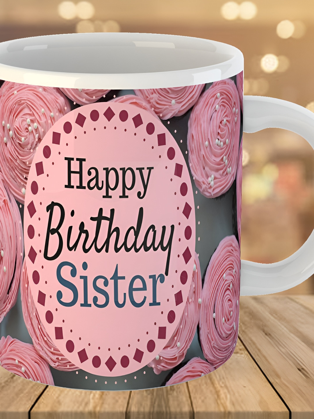 Keviv Pink & White Happy Birthday Sister Printed Ceramic Glossy Coffee Mug 325 ml