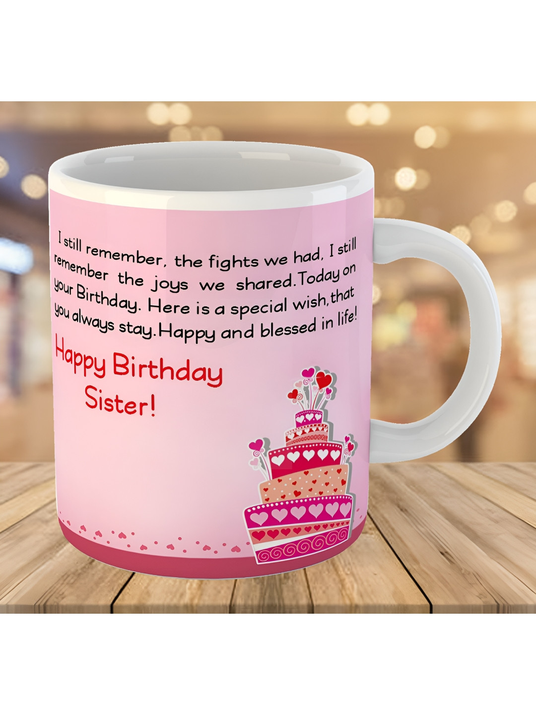 Keviv Pink & White Happy Birthday Sister Printed Ceramic Glossy Coffee Mug 325 ml