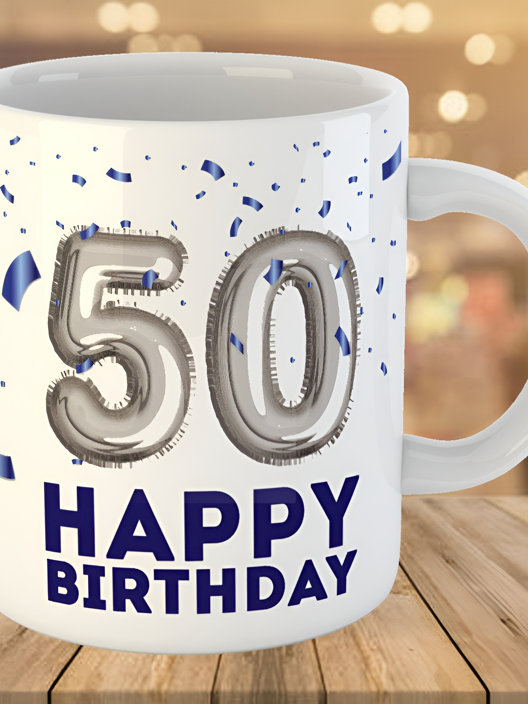 Keviv White & Blue 50th Happy Birthday Printed Ceramic Glossy Mug 325 ml