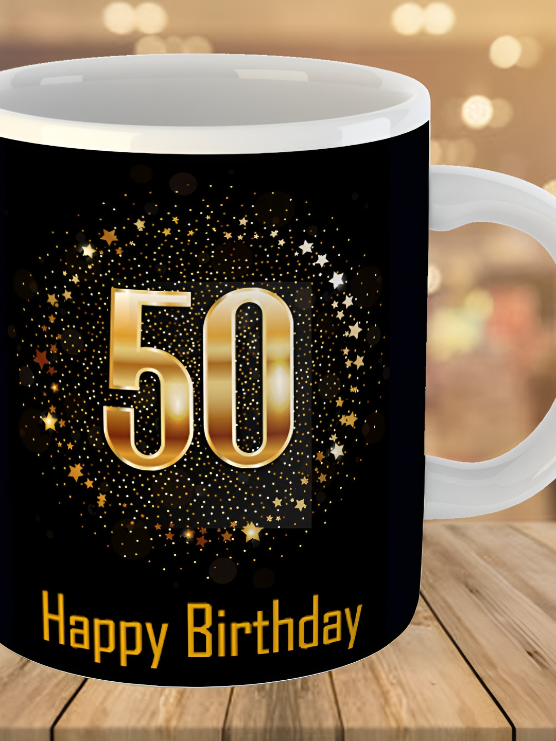 Keviv Black & Gold Toned 50th Happy Birthday Printed Ceramic Glossy Coffee Mug 325 ml
