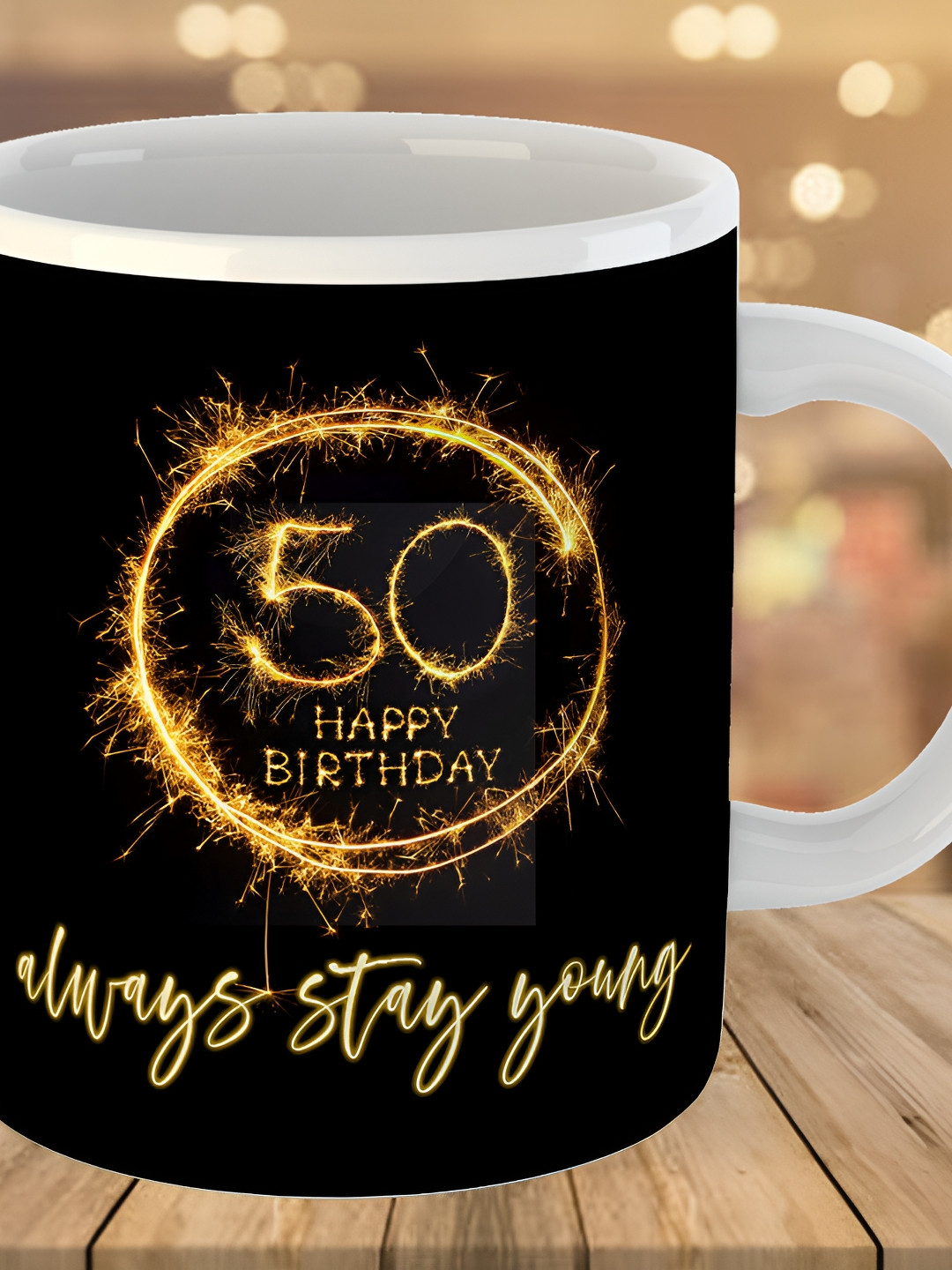 Keviv Black & Gold Toned 50th Happy Birthday Printed Ceramic Glossy Coffee Mug 325 ml