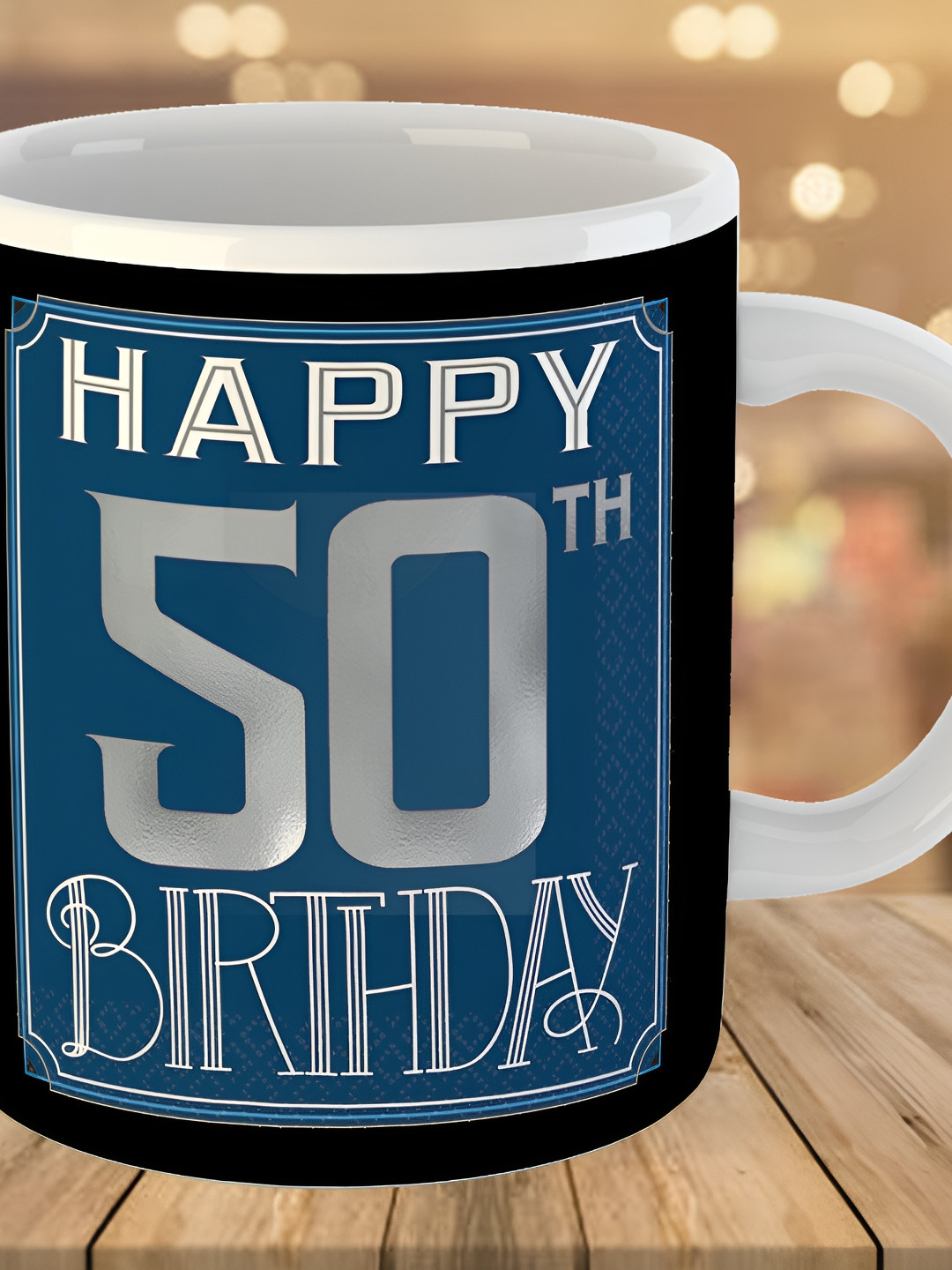 Keviv Blue & White 50th Happy Birthday Printed Ceramic Glossy Coffee Mug 325 ml
