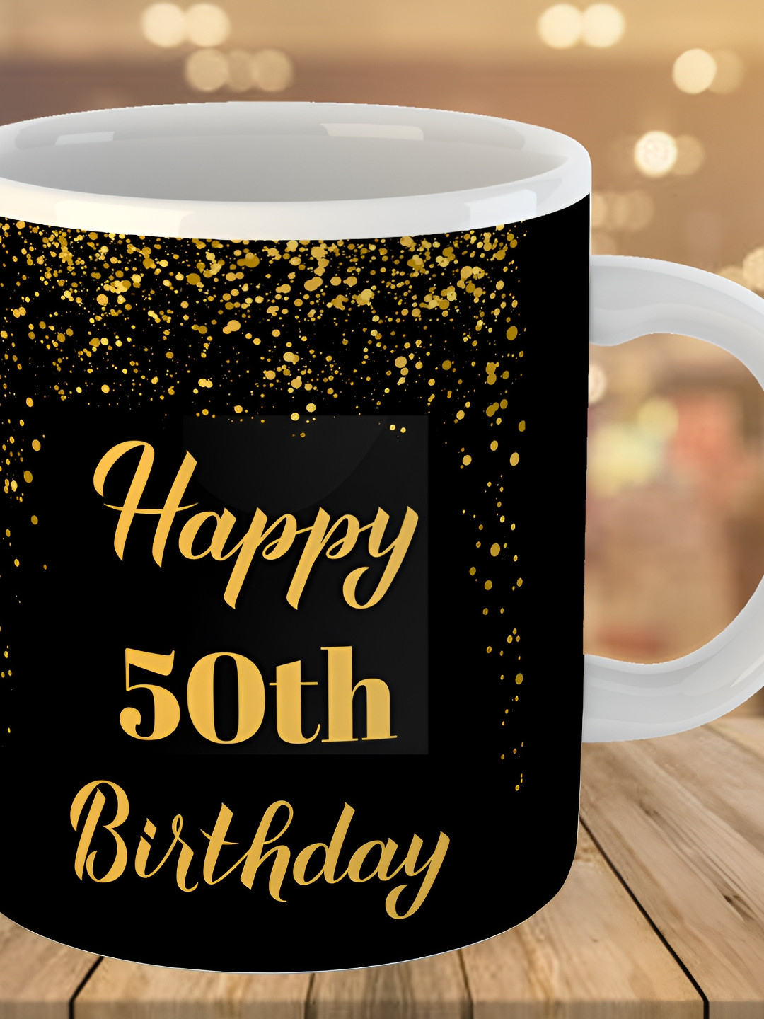 Keviv Black & Yellow 50th Happy Birthday Printed Ceramic Glossy Coffee Mug 325 ml