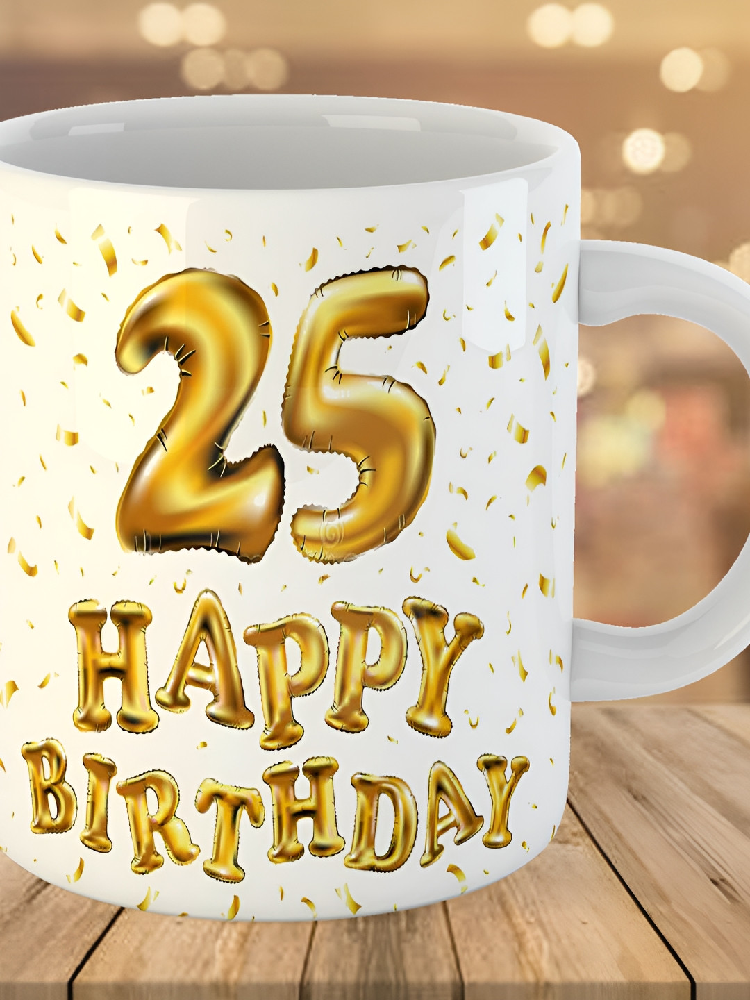 Keviv White & Gold toned 25th Happy Birthday Printed Ceramic Glossy Coffee Mug 325 ml