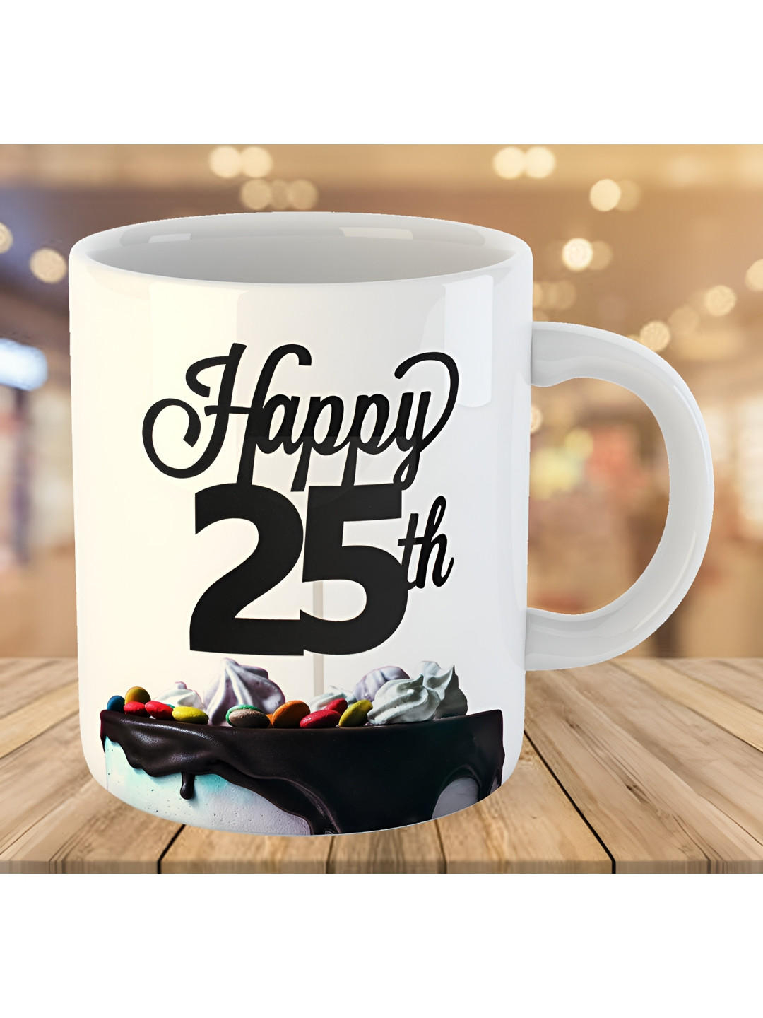 Keviv White & Black Happy 25th Birthday Printed Ceramic Glossy Mug 325 ml