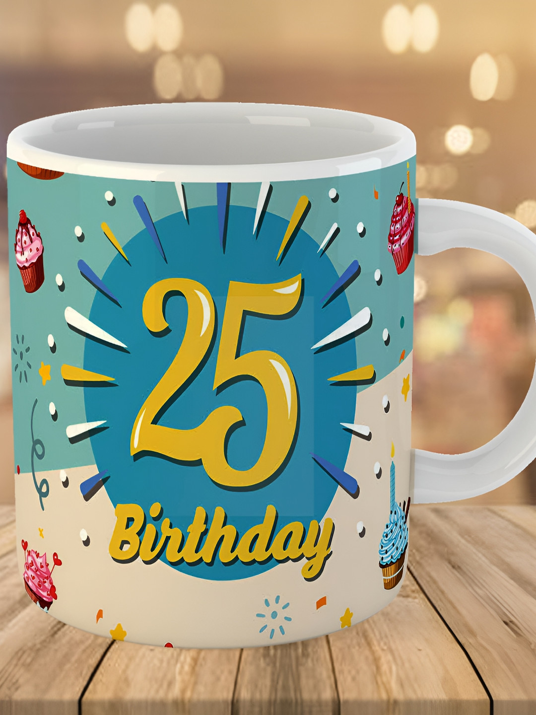Keviv White & Green 25th Happy Birthday Printed Ceramic Glossy Coffee Mug 325 ml