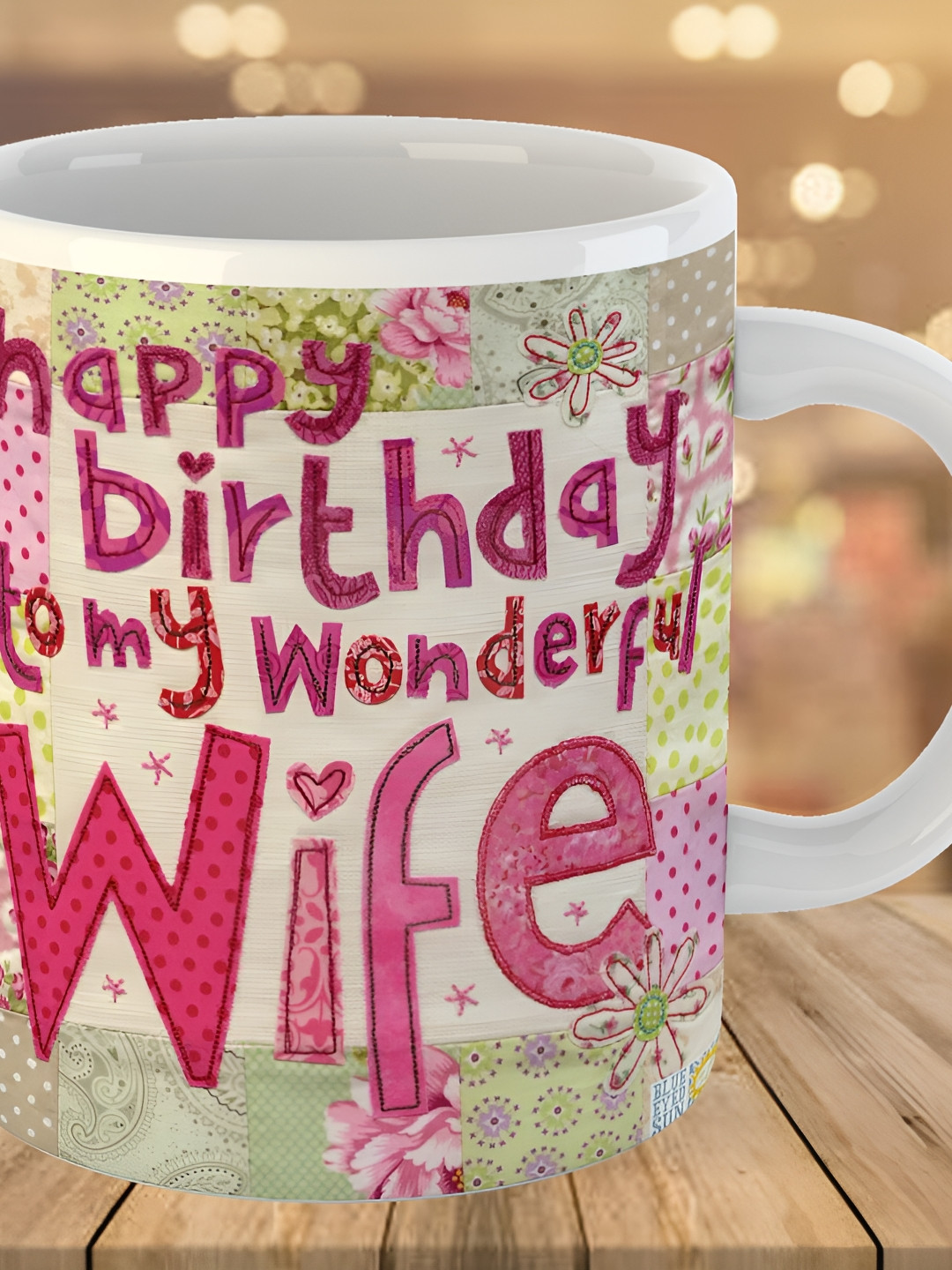 Keviv Beige & Pink Happy Birthday Wife Printed Ceramic Glossy Mug 325 ml
