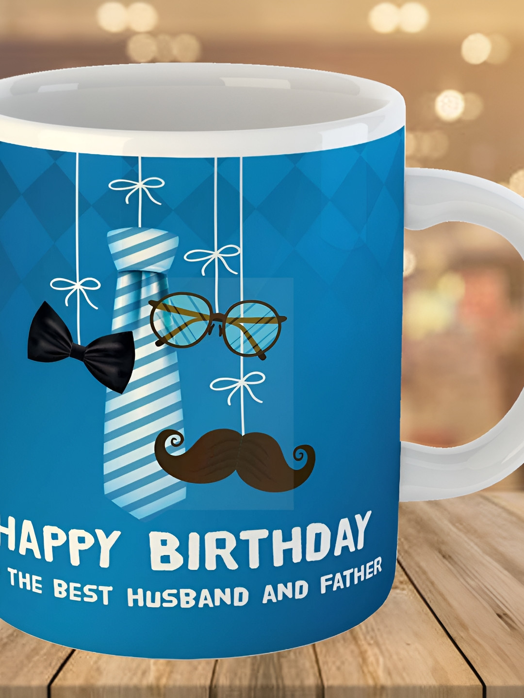 Keviv White & Blue Happy Birthday Husband Printed Ceramic Glossy Coffee Mug 325 ml