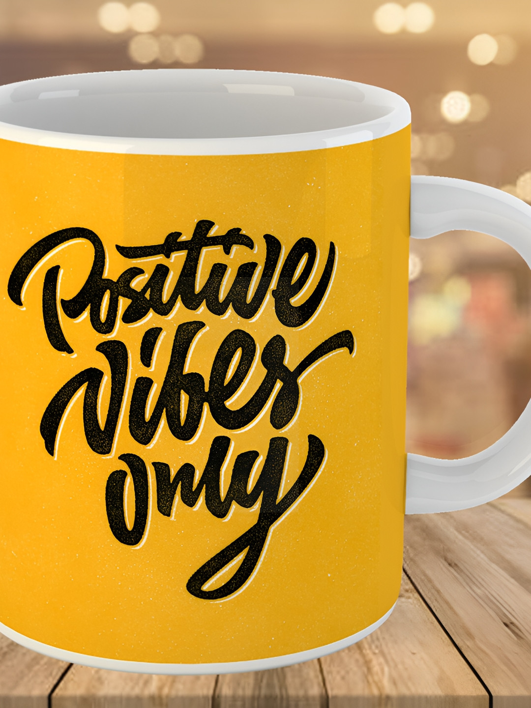 Keviv White & Yellow Positive Vibes Only Printed Ceramic Glossy Coffee Mug 325 ml