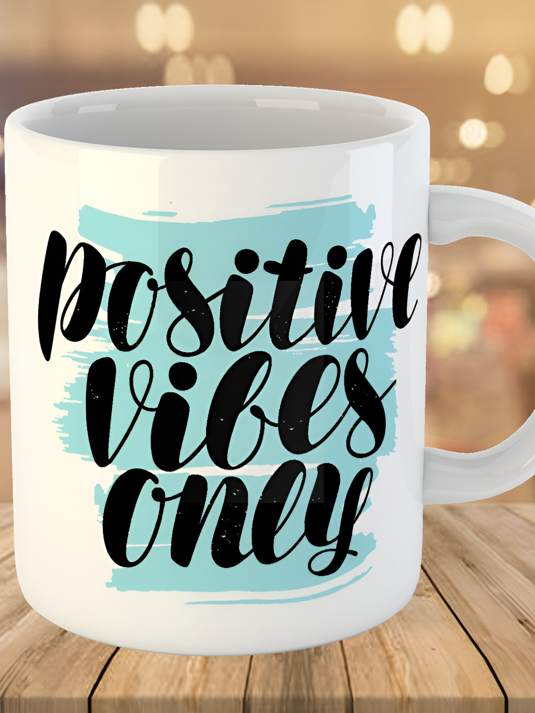 Keviv White & Blue Positive Vibes Only Printed Ceramic Glossy Coffee Mug 325 ml