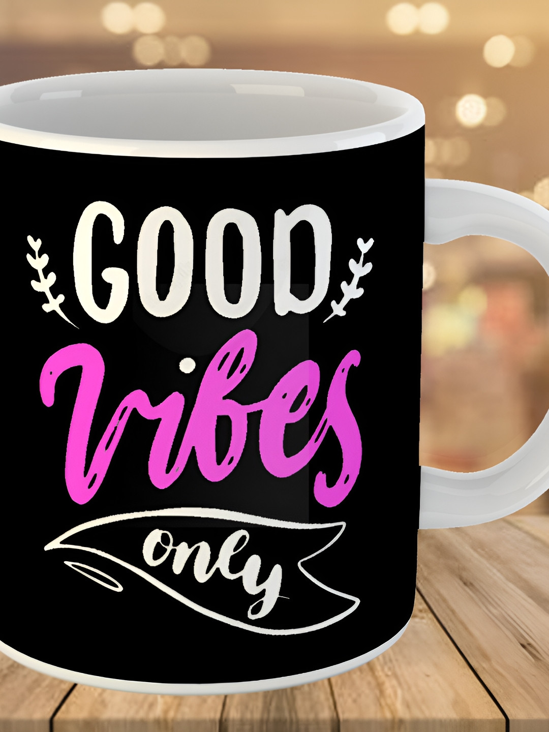 Keviv Black & Pink Good Vibes Printed Ceramic Glossy Coffee Mug 325 ml