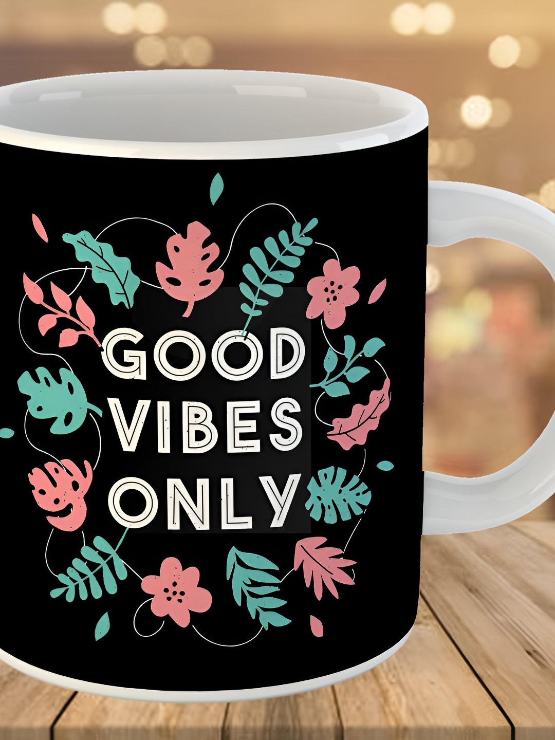 Keviv Black & Green Good Vibes Printed Ceramic Glossy Coffee Mug 325 ml