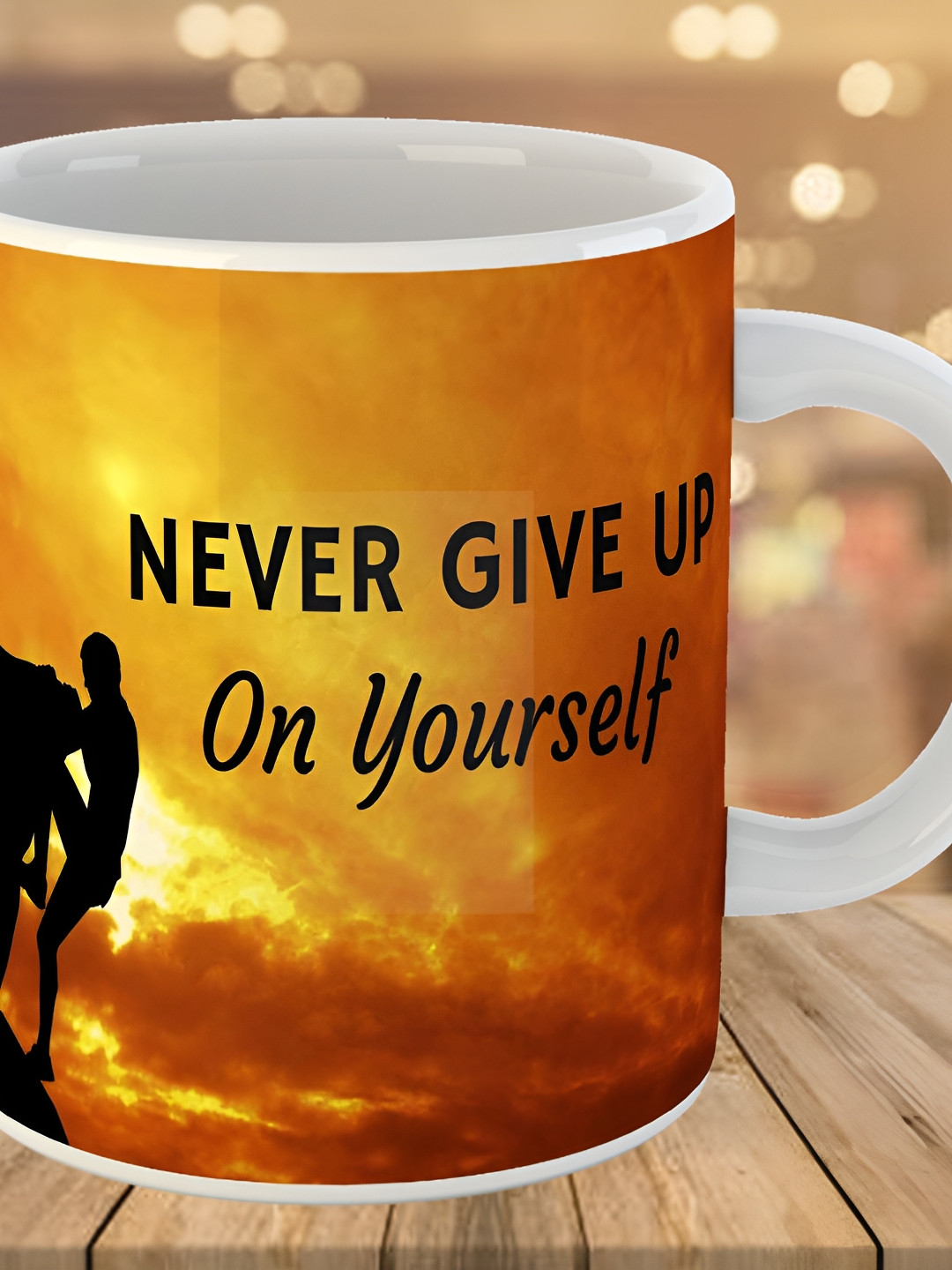 Keviv Yellow & Black Never Give Up Printed Ceramic Glossy Coffee Mug 325 ml