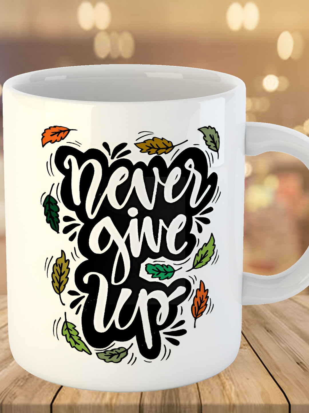 Keviv White & Black Never Give Up Printed Ceramic Glossy Coffee Mug 325 ml
