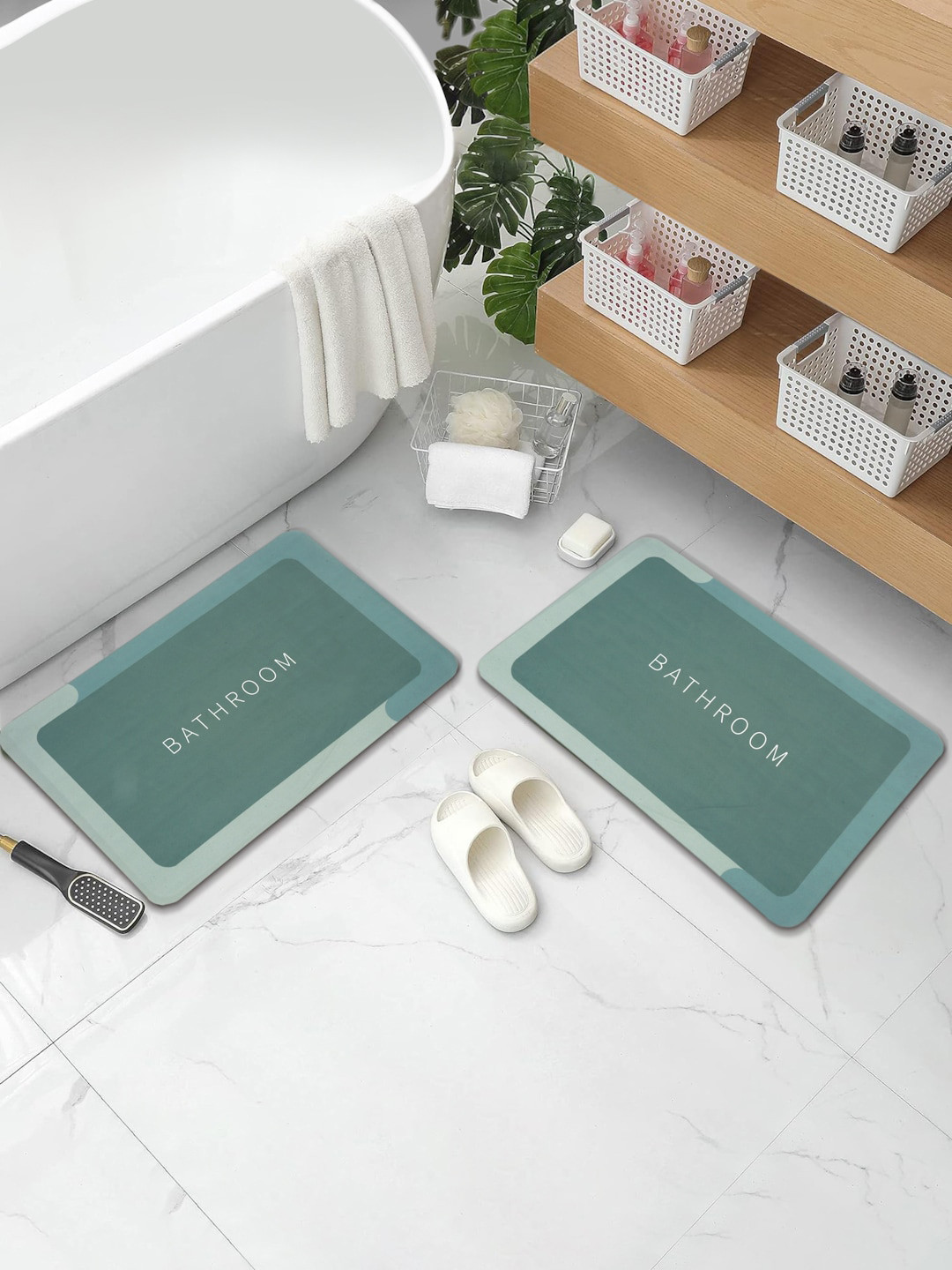 DREAM WEAVERZ 2 Pieces Green HD 400 GSM Printed High Water Absorbent Bath Mats