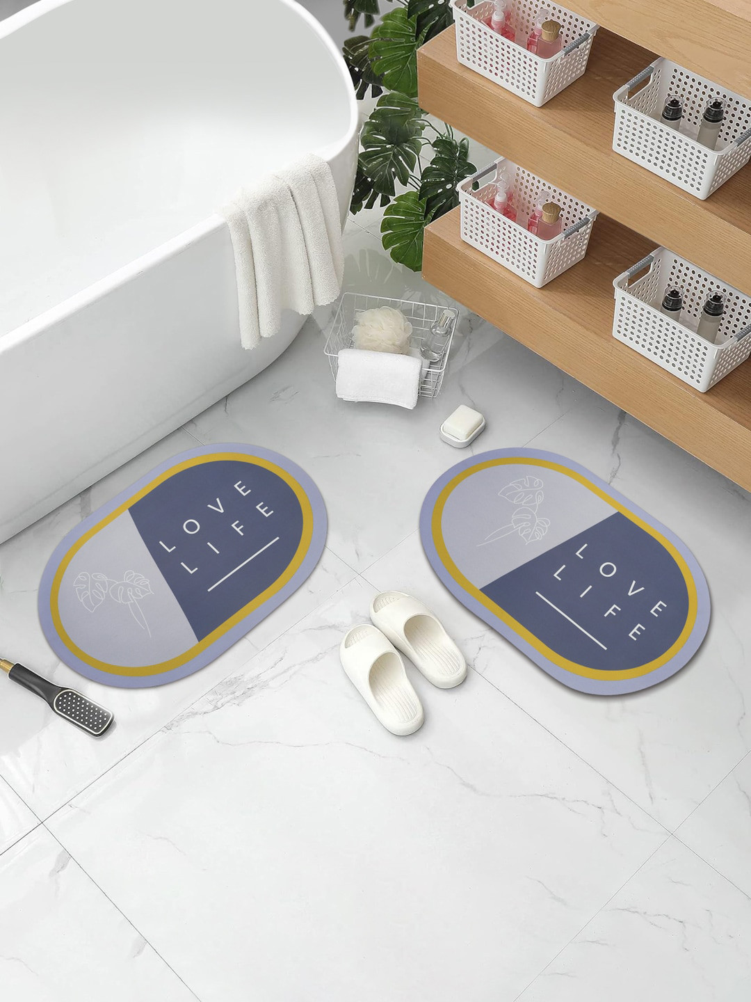 DREAM WEAVERZ Grey & White 2 Pieces HD Printed 400 GSM High Water Absorbent Bath Rugs