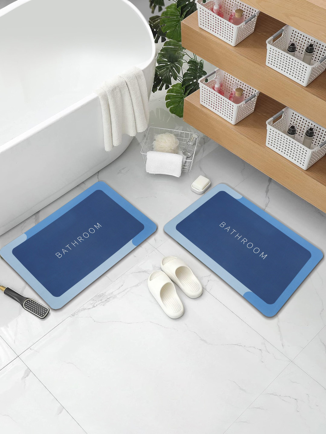 DREAM WEAVERZ Blue & White 2 Pieces HD Printed 400 GSM High Water Absorbent Bath Mats