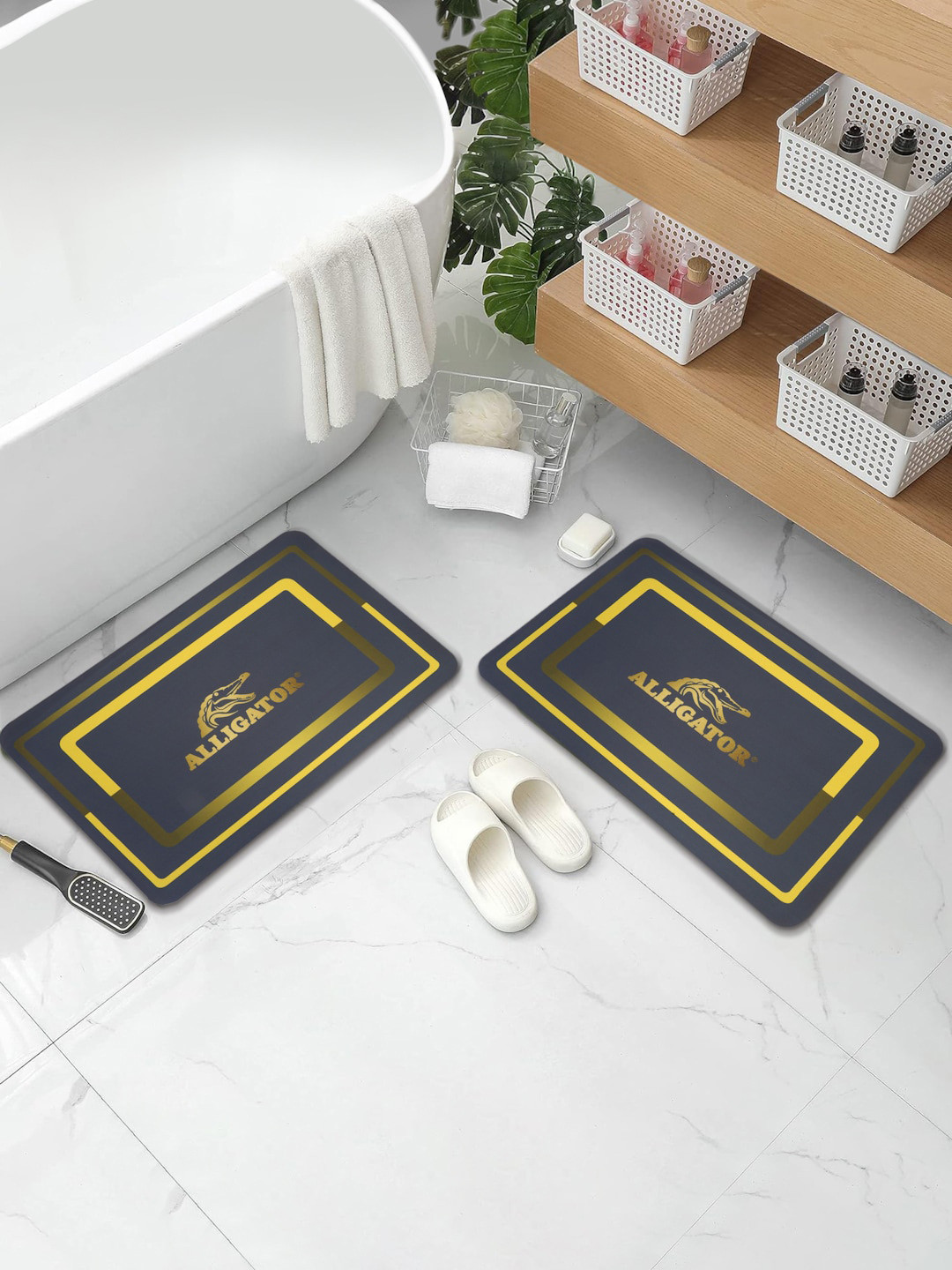 DREAM WEAVERZ Black & Yellow 2 Pcs HD Printed 400 GSM High Absorbent Anti-Skid Bath Rugs