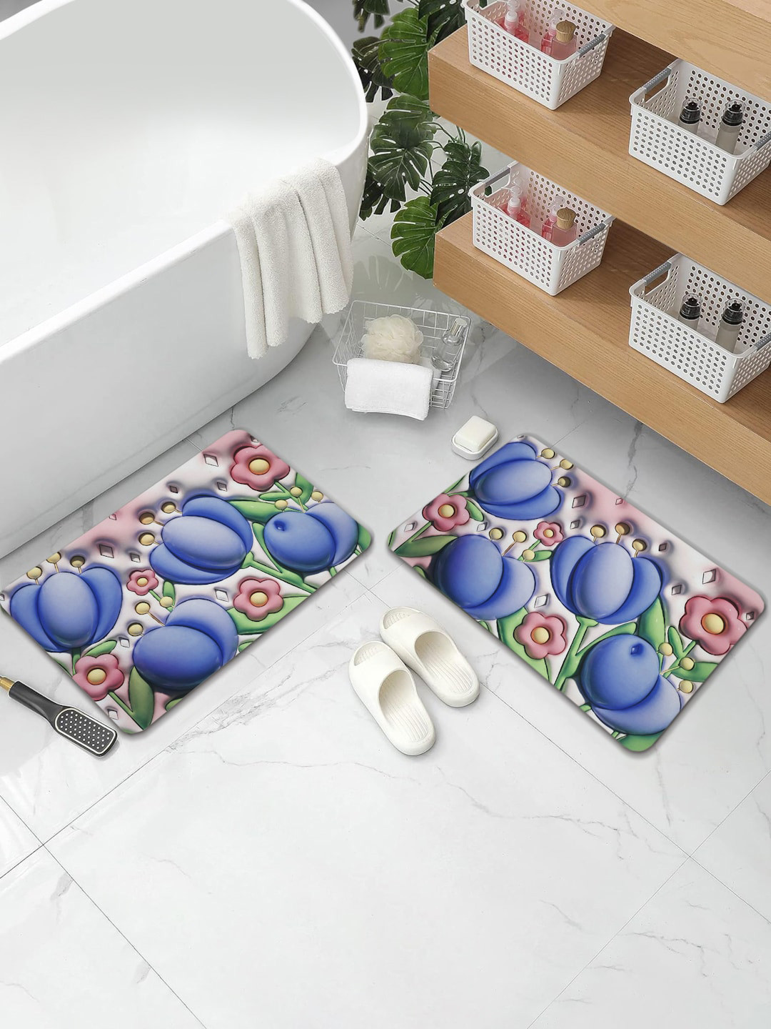 DREAM WEAVERZ Blue & Pink 2Pcs HD Printed Floral 400 GSM Water Absorbent Bath Rugs
