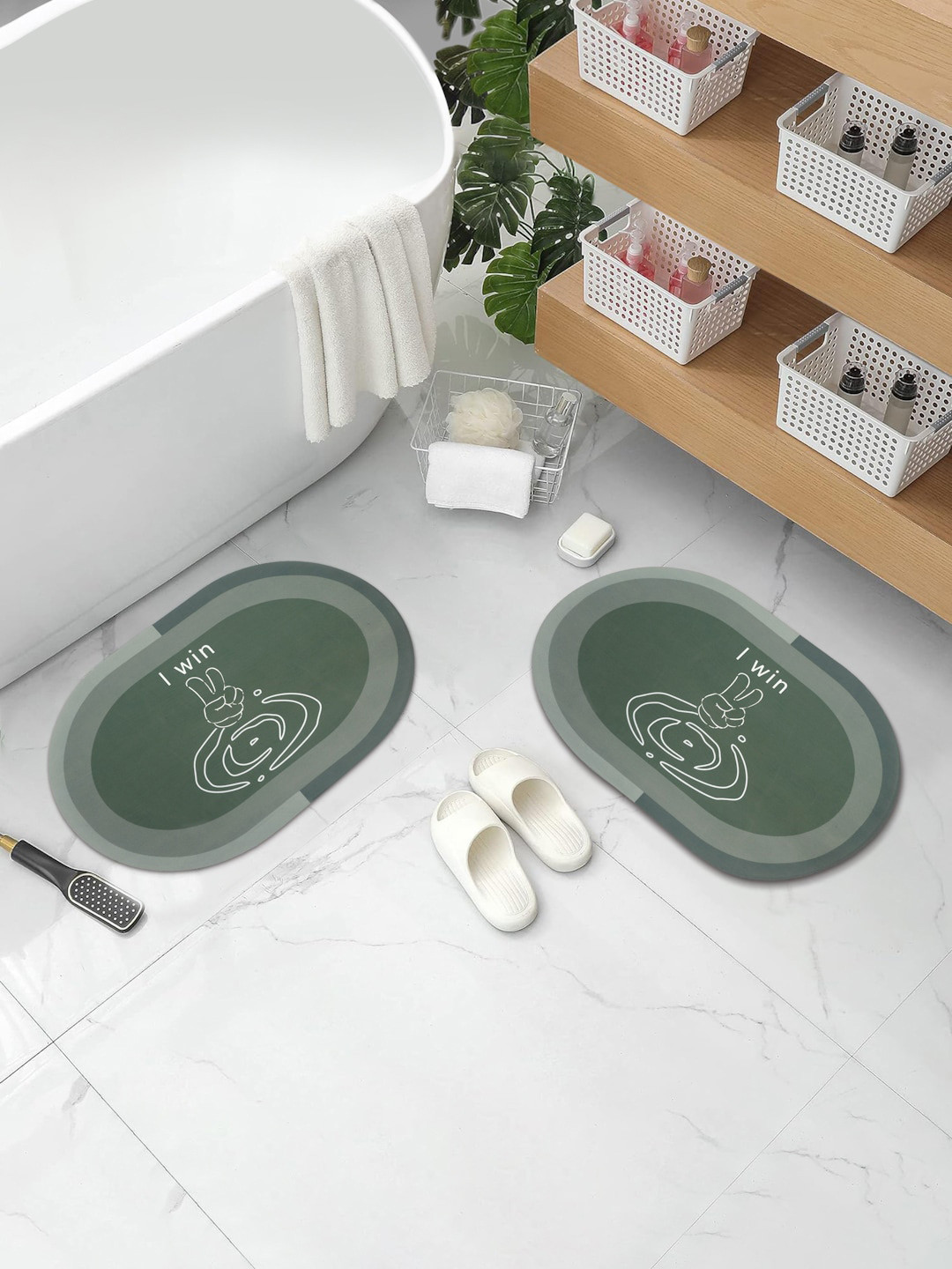 DREAM WEAVERZ Green & Grey 2 Pcs HD Printed 400 GSM High Absorbent Anti-Skid Bath Mats