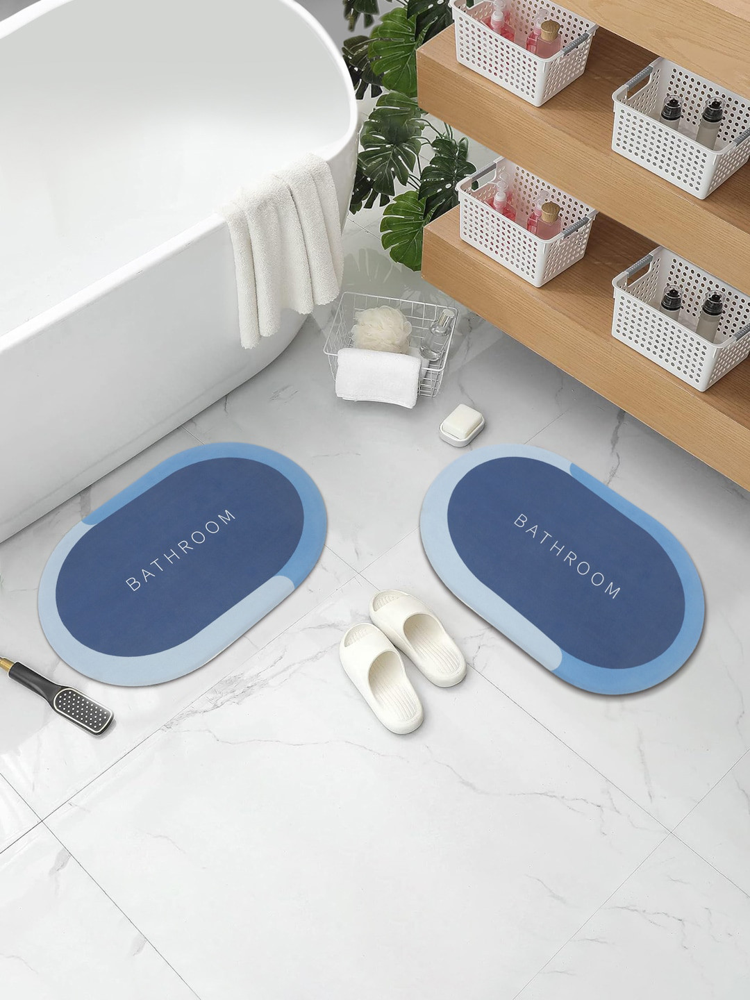 DREAM WEAVERZ Blue & Grey 2 Pcs HD Printed 400 GSM Highly Water Absorbent Bath Rugs