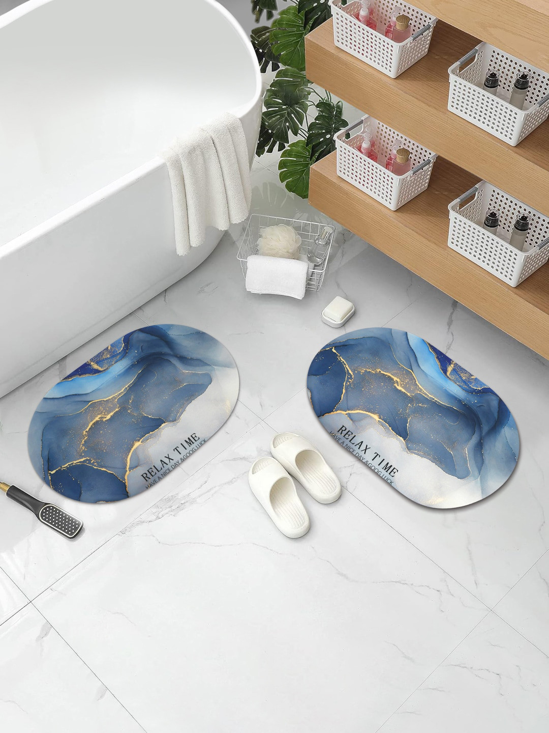 DREAM WEAVERZ Grey & Blue HD Printed 400 GSM High Water Absorbent Bath Rugs