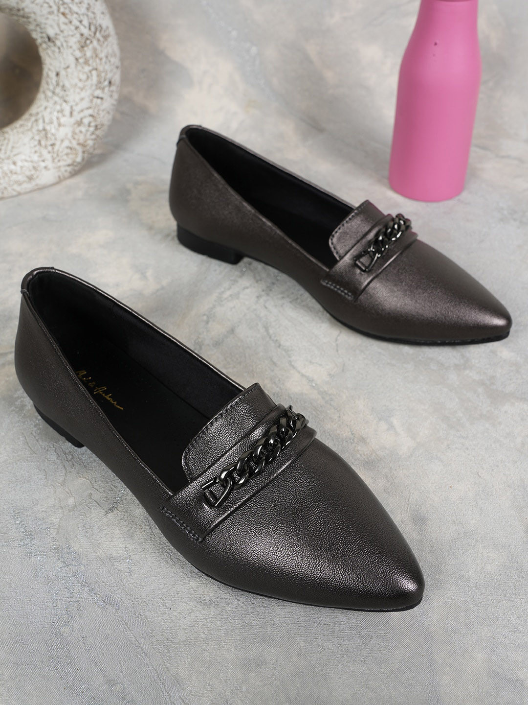 Mast & Harbour Pointed Toe Textured Embellished Detail Ballerinas