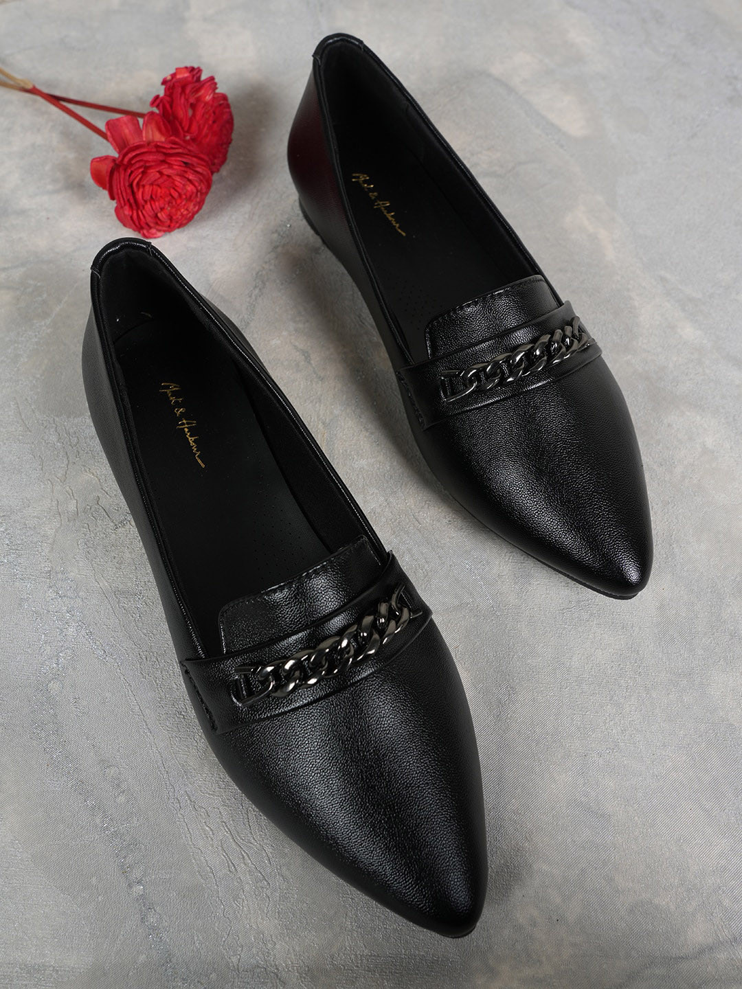 Mast & Harbour Pointed Toe Textured Embellished Detail Ballerinas