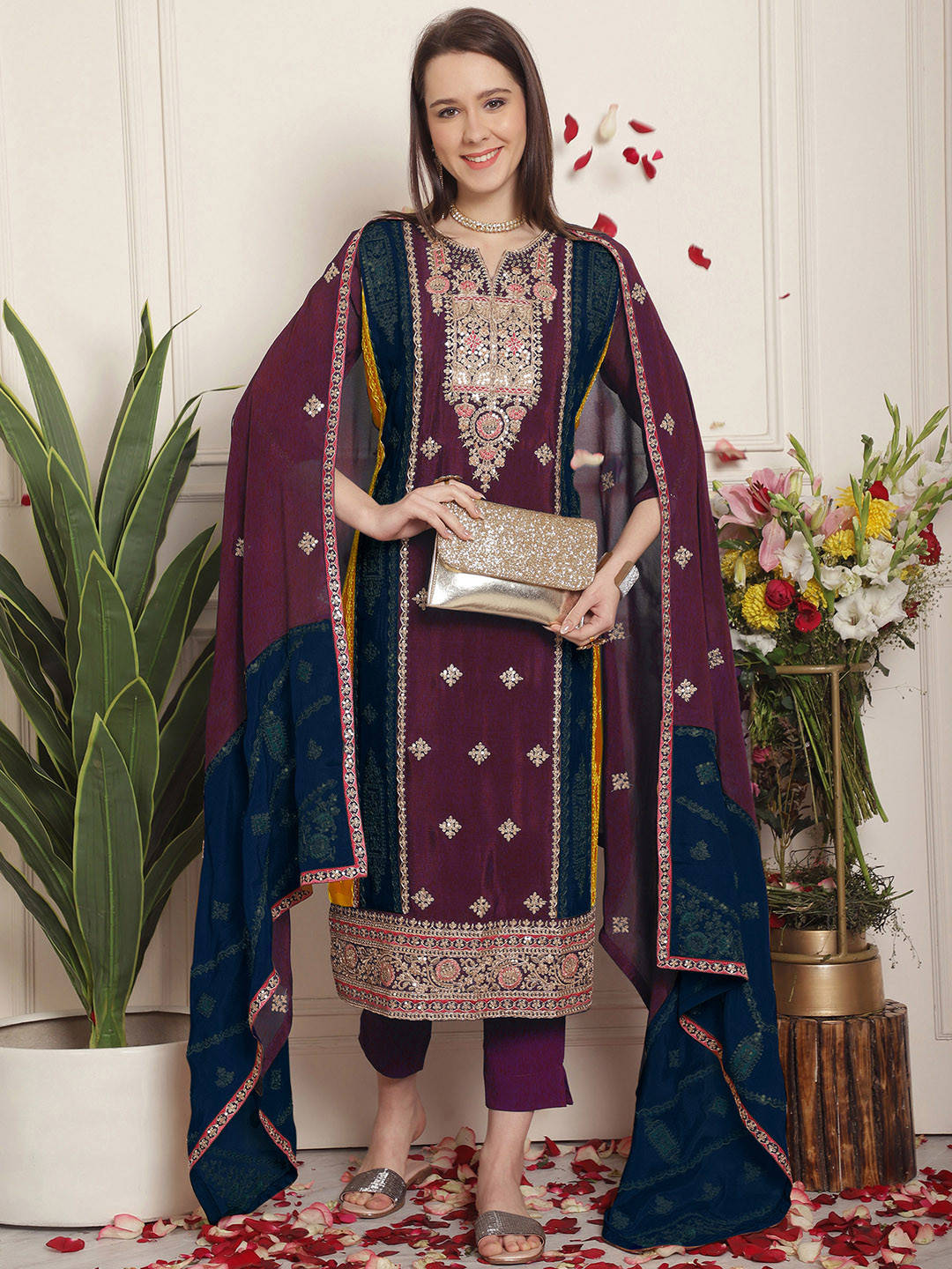 Stylee LIFESTYLE Floral Embroidered Sequinned Silk Chiffon Unstitched Dress Material