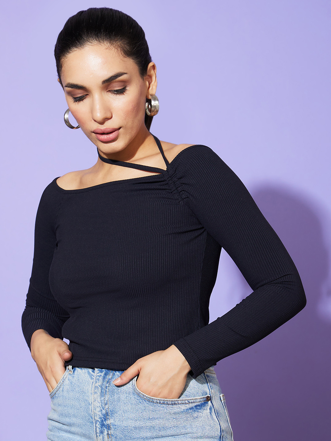 Globus Black One Shoulder Cotton Bardot Top
