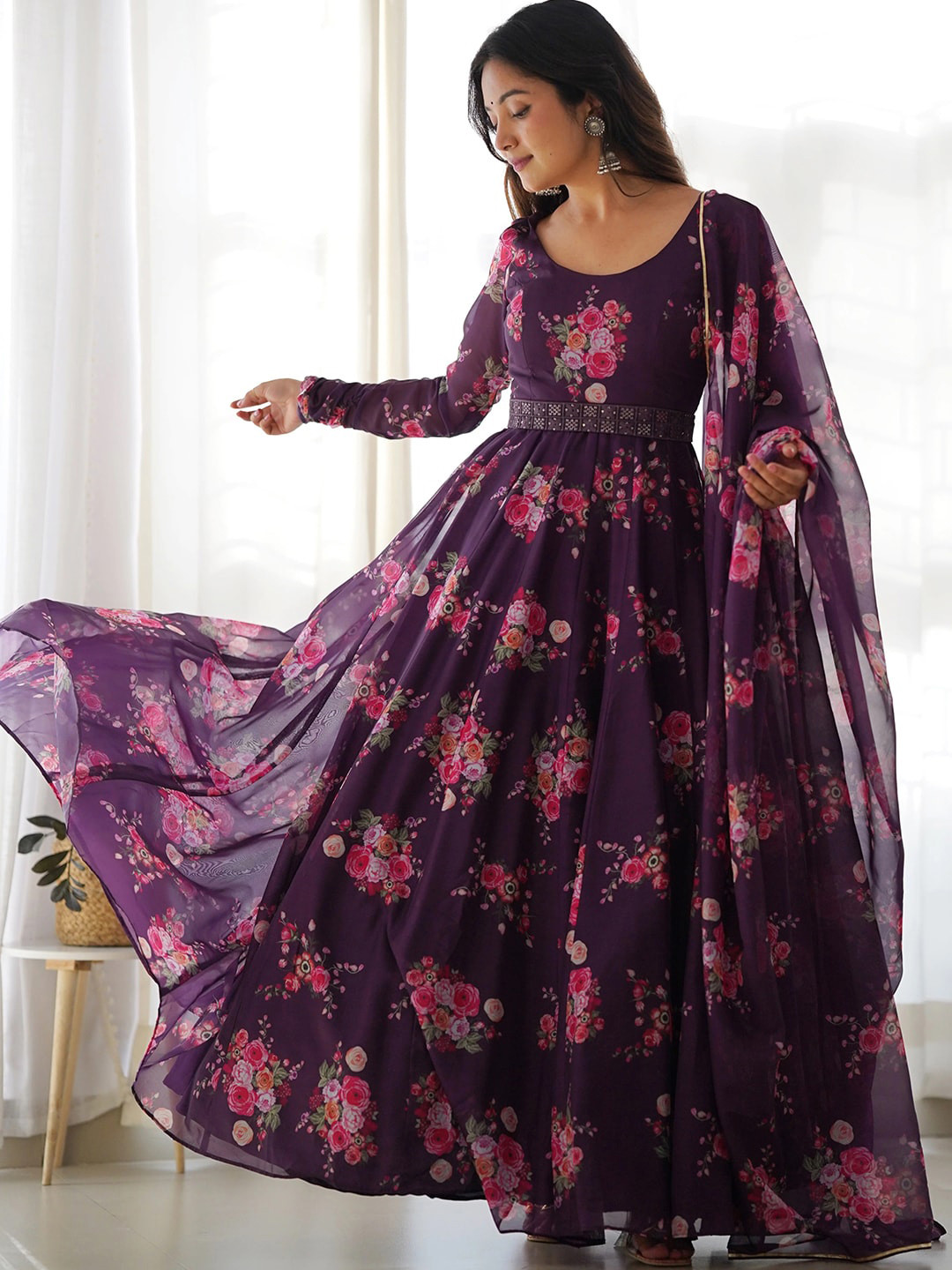 BLACK SCISSOR Floral Printed Fit & Flared Ethnic Dress With Dupatta