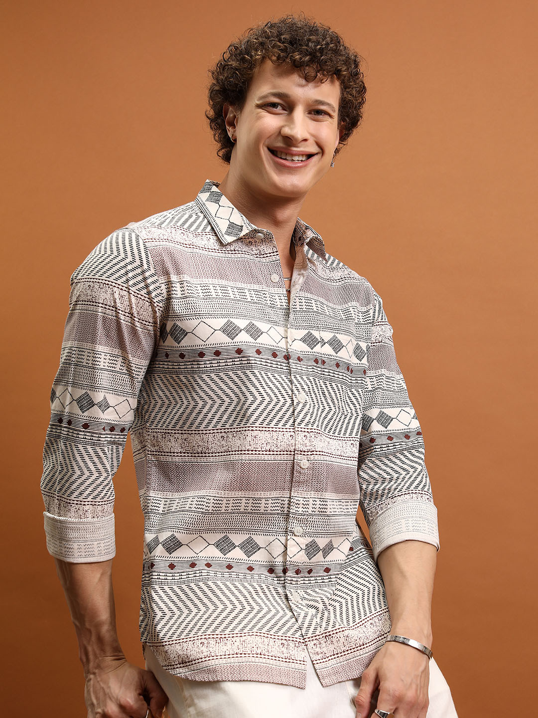 Ketch Men Cream Slim Fit All Over Printed Shirt
