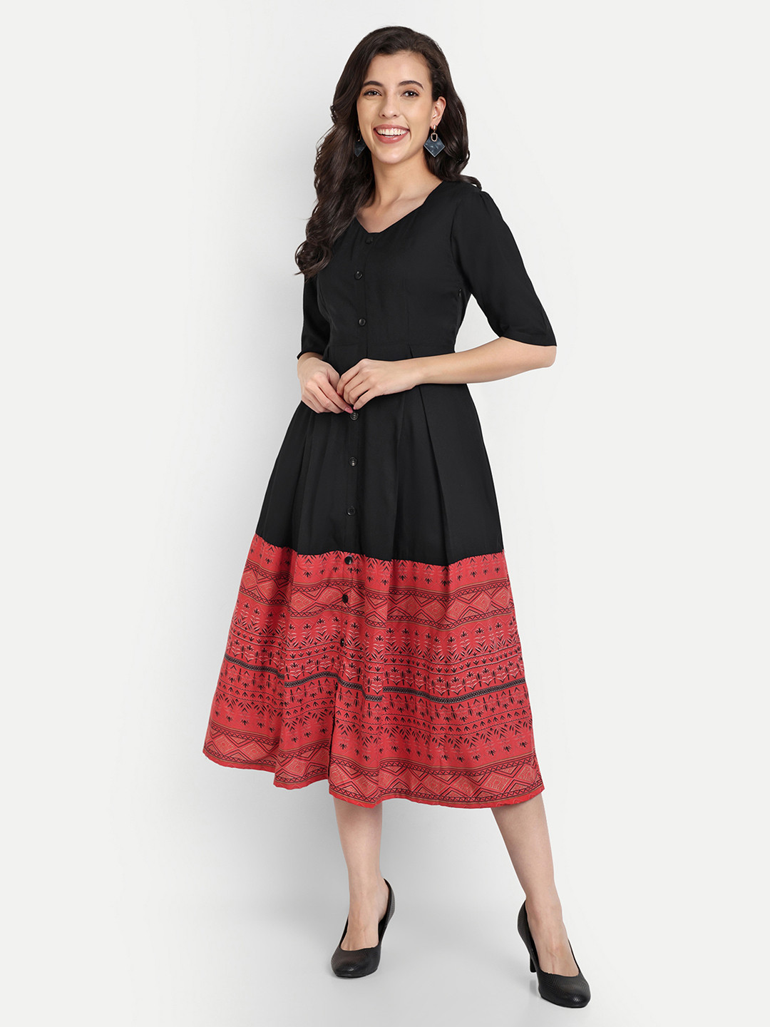 SHINISHA Colourblocked V-Neck Fit & Flare Midi Dress