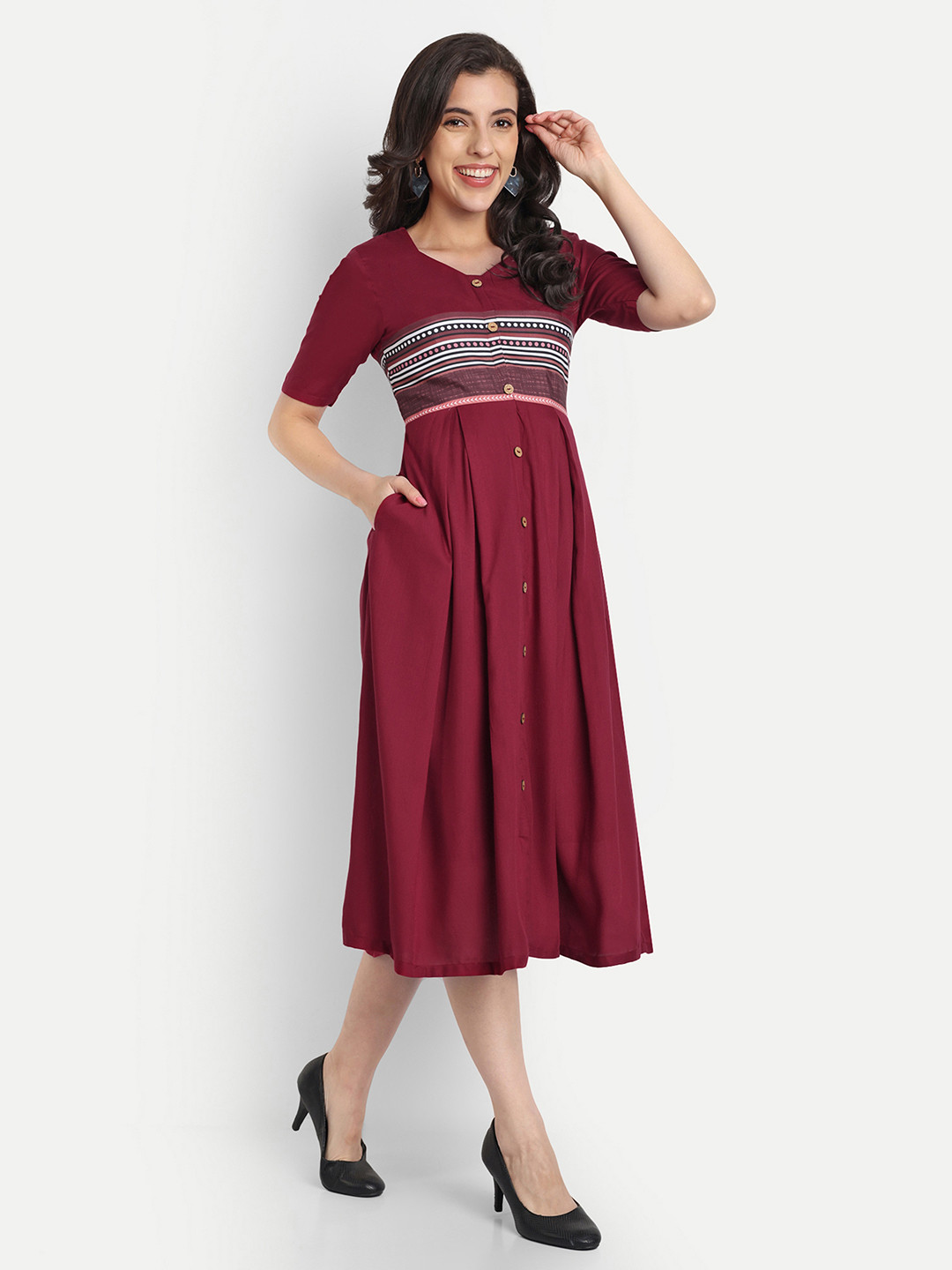 SHINISHA V-Neck Fit & Flare Midi Dress