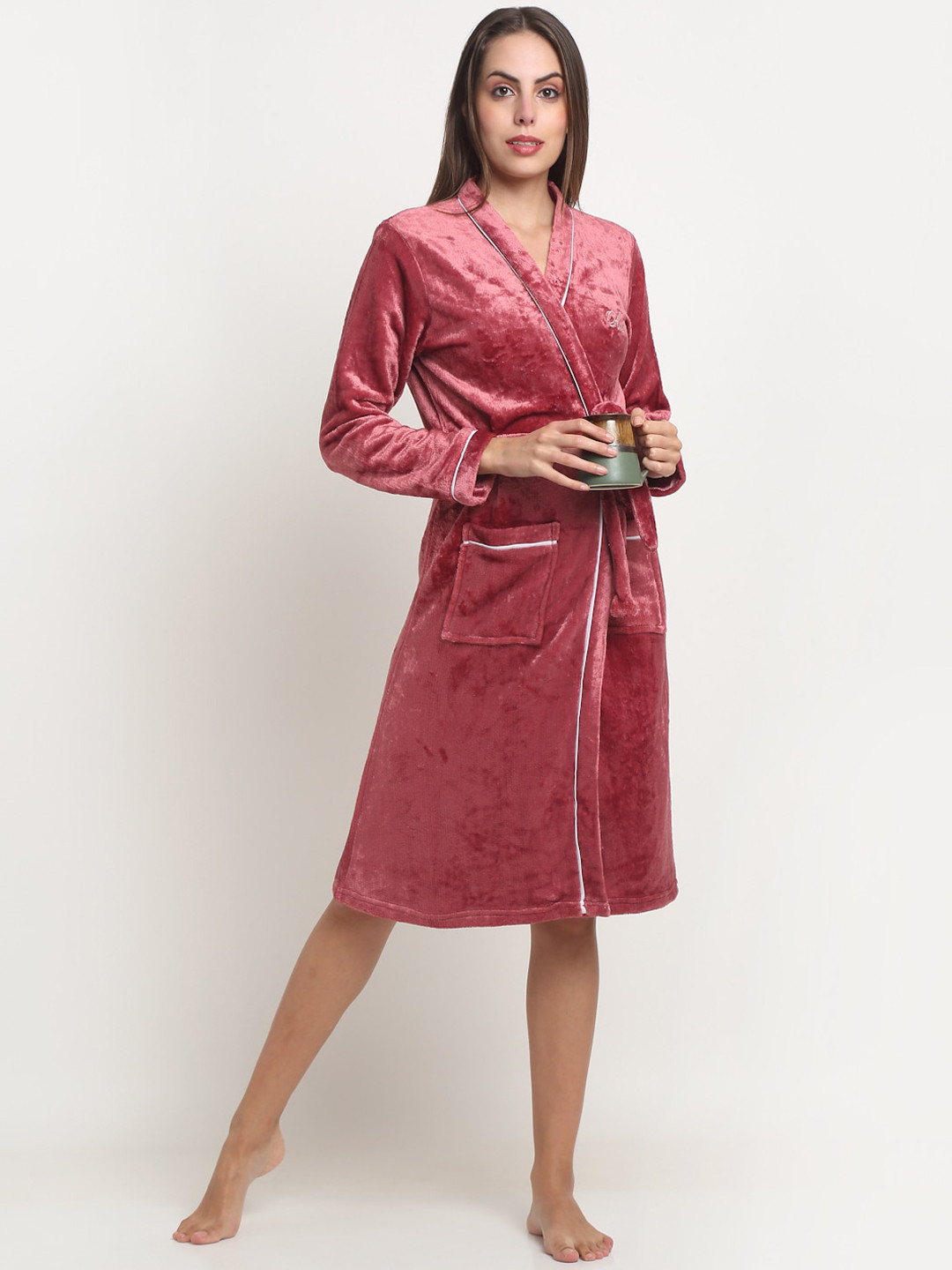 Arrabi Warm Rust Solid Wool Drawstring Knee Length Bath Robe-S